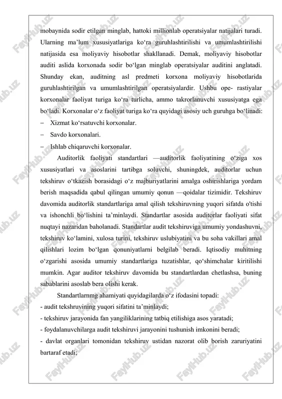 arayonini tushunish imkonini beradi; - davlat organlari tomonidan tekshiruv ustidan nazorat olib borish zaruriyatini bartaraf etadi; - auditor uchun mijoz bilan o‘zaro ishonchga asoslangan munosabat olib borishga imkon yaratadi; - audit tekshiruvi jarayonida alohida elementlar o‘rtasida aloqa o‘rnatish imkonini beradi; - auditorning o‘z bilim va malakasini doimiy ravishda oshirib borishini ta’minlaydi; - turli auditorlik firmalari ishini sifat nuqtayi nazaridan taqqoslash imkonini beradi; ammo audit standartlari butun tekshiruv jarayonining barcha jabhalarini qamrab olmaydi. bu standartlarda audit nazariyasi va amaliyoti qisqa va lo‘nda ko‘rinishda umumlashgan. ular auditorlik faoliyatining uzoq yillar davomidagi amaliyoti jarayonida auditorlik faoliyatiga nisbatan talablarga javob berishini isbotlash asosida umumqabul qilingan standartlariga aylandi. auditorlik standartlari huquqiy organlar uchun audit tekshiruvini sifat jihatidan tekshirish va baholash jarayonida umumiy yo‘riqnoma vazifasini bajaradi. auditorlik xizmatlari sifatini nazorat qilish — bu auditorlik tashkiloti tomonidan amalga oshiriladigan ichki va tashqi nazorat tizimi bo‘lib, u auditorlik tekshiruvining har bir bosqichida professional talablarning bajarilishini kuzatib boradi. bu …