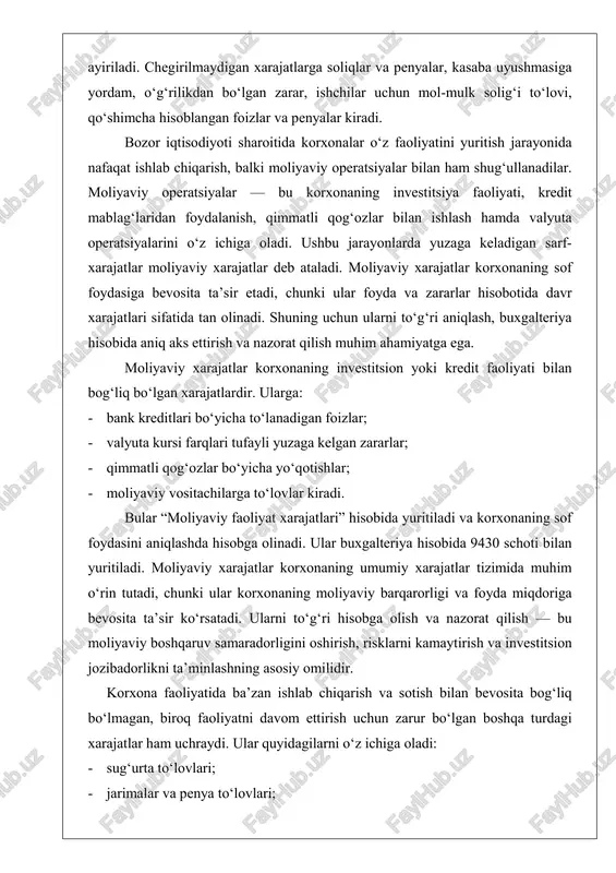 gilarni o‘z ichiga oladi: - sug‘urta to‘lovlari; - jarimalar va penya to‘lovlari; - xayriya va homiylik bilan bog‘liq to‘lovlar; - ijtimoiy tadbirlar bilan bog‘liq xarajatlar. ushbu xarajatlar ham hisobot davrida foyda va zararlar hisobotida to‘liq tan olinadi. boshqa davr xarajatlari, odatda, korxonaning kundalik faoliyati bilan to‘g‘ridan-to‘g‘ri bog‘liq bo‘lmagan, lekin uning iqtisodiy barqarorligini saqlash, ijtimoiy mas’uliyatini bajarish yoki huquqiy majburiyatlarini ado etish jarayonida yuzaga keladi. ushbu xarajatlar mahsulot tannarxiga kiritilmaydi va ularning summasi foyda va zararlar hisobotida bevosita tegishli davrda xarajat sifatida tan olinadi. boshqa davr xarajatlari korxonaning bevosita ishlab chiqarish faoliyatiga aloqador bo‘lmagan, ammo uning umumiy moliyaviy natijasiga sezilarli ta’sir ko‘rsatadigan xarajatlardir. ularni to‘g‘ri hisobga olish va nazorat qilish korxonaning moliyaviy holatini real aks ettirish, risklarni kamaytirish hamda boshqaruv qarorlarini samarali qabul qilish uchun muhim omil hisoblanadi. korxonaning moliyaviy hisobotlari ishonchliligi va iqtisodiy faoliyatining samaradorligi, avvalo, xarajatlarning to‘g‘ri hisobga olinishi va nazorat qilinishiga bog‘liqdir. shu nuqtayi nazardan, davr xarajatlarini tekshirish …