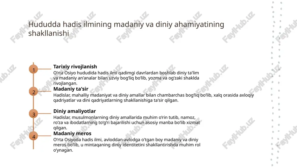 hlar va ilmiy konferensiyalar ko'payib, yangi metodologiyalar va tarjimalar ishlab chiqilmoqda. 3 oʻzbekistonning madaniy merosi hadislar va ularning izohlari, asosan, madaniy va diniy merosning ajralmas qismi bo'lib, milliy an'analarga va diniy ta'limotlarga ta'sir qilmoqda. xulosa 1 oʻrta osiyoda hadis ilmining tarixiy ildislari hadis ilmi vii-viii asrlarda boshlangan, mintaqaga kirib kelgan arab xalqlari bilan bog‘liq bo‘lib, diniy va madaniy rivojlanishga katta ta'sir ko‘rsatdi. 2 zamonaviy texnologiyalar va ilmiy yondashuvlar hozirgi davrda hadis ilmi ilg‘or texnologiyalar yordamida tekshirilmoqda, onlayn platformalar va raqamli arxivlar bilan ta’lim va tadqiqotlar kengaymoqda. 3 madaniy va diniy merosning davomiyligi oʻrta osiyoda hadis ilmi diniy amallarni to‘g‘ri bajarish va axloqiy qadriyatlarni shakllantirishda muhim, u madaniyat va dini merosning ajralmas qismidir. foydalanilgan adabiyotlar 1. akromov, m. oʻrta osiyoda hadis ilmining rivojlanishi. toshkent: fan, 2010. 2. sultonov, m. hadis ilmining madaniy va diniy ahamiyati. samarqand: sharq publishing house, 2015. 3. yusupov, a. uzbekistan va markaziy osiyoda hadis ilmining hozirgi holati. …