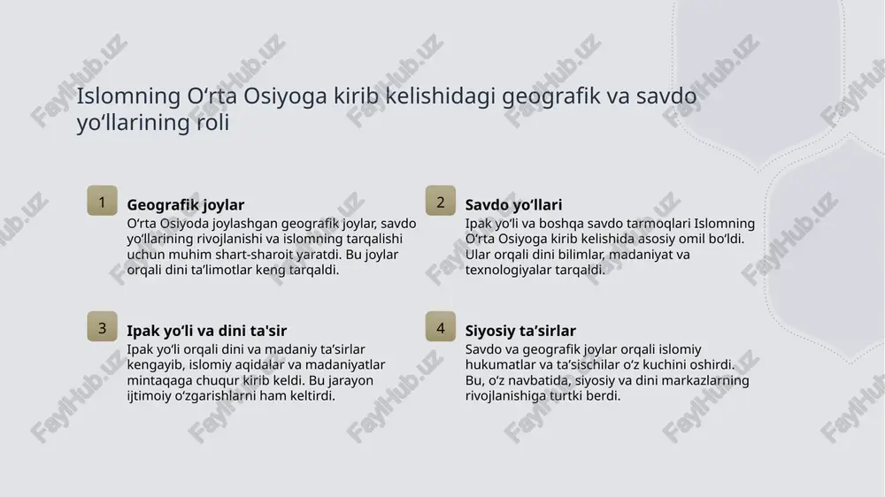 xloq-odob va ma'naviy qadriyatlarni mustahkamlab, insonlar o'rtasida yangi ijtimoiy munosabatlarni rivojlantirdi. siyosiy o'zgarishlar islom ta'siri bilan hokimiyat va davlat tuzilmalari mustahkamlandi, diniy va siyosiy rahbarlar o'rtasida yangi hamkorliklar va muvofiqliklar yuzaga keldi. madaniy integratsiya islom madaniy merosni boyitib, yozma ijod va san'at rivojlanishini ta'minladi, shuningdek, turli xalqlarning madaniy an'analarini birlashtirdi. ijtimoiy adolat islom ta'limoti yordamida adolat va tenglik prinsiplarini keng joriy etildi, bu esa jamiyatda ijtimoiy muvozanat va barqarorlikni ta'minlashga xizmat qildi. xulosa 1 oʻrta osiyoda islom tarqalishining asosiy bosqichlari islom dini oʻrta osiyoga iv-xi asrlar oraligʻida kirib kelgan, savdo yoʻllari va madaniy aloqalar orqali keng tarqaldi, madaniyat va siyosat rivojlandi. 2 tarqalishda geografik va savdo yoʻllarining roli ipak yoʻli va savdo tarmoqlari orqali diniy bilimlar, madaniyat va texnologiyalar tarqaldi, diniy amallar va madaniyatlar kengayib, mintaqa rivojlandi. 3 madaniy va siyosiy transformatsiyalarning taʼsiri islomning qabul qilinishi madaniyat, ilm-fan va siyosatni rivojlantirdi, yangi hukumat shakllari va diniy qadriyatlar bilan jamiyat barqarorligi …