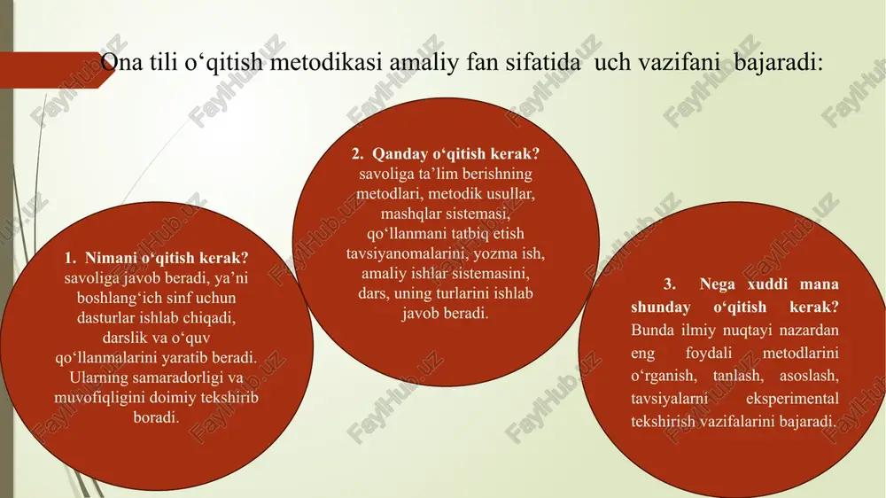 ir-biri bilan o‘zaro bog’langan bo‘lib, o‘qitishda buni albatta hisobga olish kerak. 3.tilga sezgirlikni o‘stirish tamoyili. til - juda murakkab hodisa, uning tuzilishini, sistemasini fahmlab olmay turib, sal bo‘lsa-da, uning qonuniyatlarini, o‘xshashliklarini o‘zlashtirmay turib uni yodda saqlab bilmaydi. bola gaplashish, o‘qish, eshitish bilan til materiallarini yig’adi, uning qonunlarini o‘zlashtiradi. natijada kishida tilga sezgirlik (til hodisalarini tushunish) xususiyati shakllanadi. 4.nutqning ifodaliligiga baho berish tamoyili. bu tamoyil til hodisalarini tushunmay turib savodli yozish, nutq madaniyati vositalarining xabar berish funksiyasini tushunish bilan bir qatorda, uning ifodalilik (uslubga oid) funksiyasini tushunishni, mazmuninigina emas, balki so‘z va nutq oborotlarining, tilning boshqa badiiy-tasviriy vositalarining hissiy ottenkalarini ham tushunishni ko‘zda tutadi. bu tamoyilga amal qilish uchun, birinchi navbatda, badiiy adabiyotlardan, shuningdek, tilning funksional-stilistik xususiyatlari aniq ifodalangan boshqa matnlardan foydalanish talab etiladi. 5.og’zaki nutqni yozma nutqdan oldin o‘zlashtirish tamoyili. bu tamoyil ham kishi nutqining rivojlanishiga ta’sir etadi va til o‘qitish metodikasini tuzishda xizmat qiladi. boshlang`ich sinflarga ona tili o`qitish …