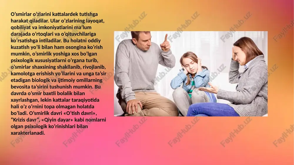 hlik ko’pincha salbiy natijalarga, ba’zan depressiya holatni ham yuzaga keltirishi mumkin, bu holat ko’pincha ota-onasi avtoritar munosabatda bo’luvchi oilalarda uchraydi o’smirlik davrida bolalarning atrodagi odamlar bilan shaxsiy va ish yuzasidan bo’ladigan munosabatlaridagi mavqei o’zgaradi. endi o’smirlar o’yin xamda damga kamroq vaqtlarini ajratgan holda ko’proq jiddiy ishlar bilan shug’ullana boshlaydilar va ularda bilish jarayonlari jadal rivojlana boshlaydi. o’qish o’smirlar hayogida katta o’rinni egallaydi. o’smirlar o’qishidaga asosiy motiv: bu ularning ulg’ayayotganliklarini his ettiradigan, anglatadigan o’qish turlariga tayyorlanayotganlaridir. ular uchun mashg’ulotlarning mustaqil shakllari yoqadi. boshqa davr bolalariga nisbatan o’smirlargshig fanlarni muvaaqiyatli o’zlashtirishlari, qiziqishlarining ortirishlari o’qituvchining o’quv materialini tushuntira olish mahoratiga bog’liq. bilim o’rganish ehtiyojlari asosida asta-sekinlik bilan o’quv fanlariga nisbatan qat’iy ijobiy munosabat shakllanadi. e’tiboringiz uchun raxmat! image1.jpg image2.jpg image3.jpeg image4.jpg image5.jpg image6.jpg image7.jpg image8.jpg image9.jpg image10.jpg image11.jpeg image12.jpeg image13.jpeg image14.webp image15.jpg /docprops/thumbnail.jpeg