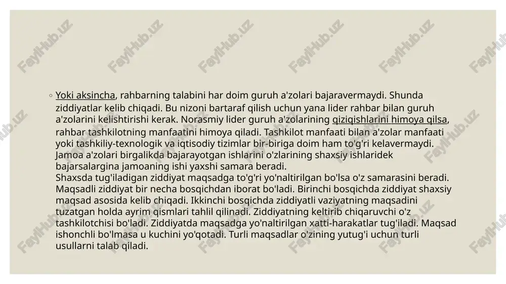 ishonmasligiga harakat qilishi lozim tashkilotdagi faoliyatni chumolilar, asalarilar harakatiga o'xshatish mumkin. lekin inson ongli mavjudot bo'lgani uchun har bir qiladigan harakatini avvaldan o'ylab, aniq bir maqsad asosida faollik ko'rsatadi. ziddiyatlar butunlay yo'q bo'lib ketmaydi, balki u davom etishi, shaxslararo munosabatlarga aylanib ketishi mumkin. tashkilotda ichki ziddiyatlarning kelib chiqishiga avvalo rahbar sababchi bo'ladi. u har bir xodimni hurmat qilishi, barcha xodimlarni teng ko'rishi, to'g'ri munosabatda bo'lishi zarur. rahbar demokratik usulda jamoani boshqara olsa, bujamoada ziddiyatlar kam paydo bo'ladi. xodimlar o'rtasidagi chaqimchilik, bir xabarni boshqacha talqinda yetkazish, vahima tarqatish orqali ham ziddiyatlar kelib chiqishi mumkin. ziddiyat — bu faoliyat. kishilar ziddiyat orqali faoliyatda bo'ladilar. (nutq orqali, verbal va noverbal muloqot orqali). barcha tug'iladigan ziddiyatlarning oldini olish, bartaraf uchun rahbarda tashkilotchilik qobiliyati yaxshi shakllangan bo'lishi kerak. insoniy muloqotlar psixologiyasi har bir normal kishi o'zini o'zgalarni tinglashga, o'z fikrini birovlarga yetkazishga, ya'ni gapirishga, fikrlarini ba'zan yozma tarzda bayon etishga tug'ma qobiliyatliday tasavvur qiladi. lekin …