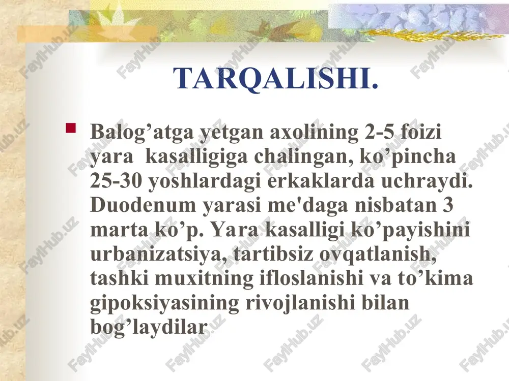 arbon natriy. (2) solkoseril (3) vinilin (4) oblepixa yog’i (5) u-vitamini (6) b1, b2, b6, b12, b15, c, a vitaminlar. shilliq pardani ximoyalovchilar sukralfat - alyuminiyning organik tuzi vismutning kolloidli subcitrati a) metacin b) platifillin c) sulpirin (egnolin) d) gastrostecepin e) gastrobamat antibakterial terapiya. (a) denol. (b) metronidazol. (v) amoksicillin. (g) trixopol. profilaktikasi. (a) asab taranglanishini yo’qotish. (b) tamaki chekishlikni cheklash. (c) alkogol ichishlikni to’xtatish. (d) uyda va ishda gigiena normalarini saqlash.
