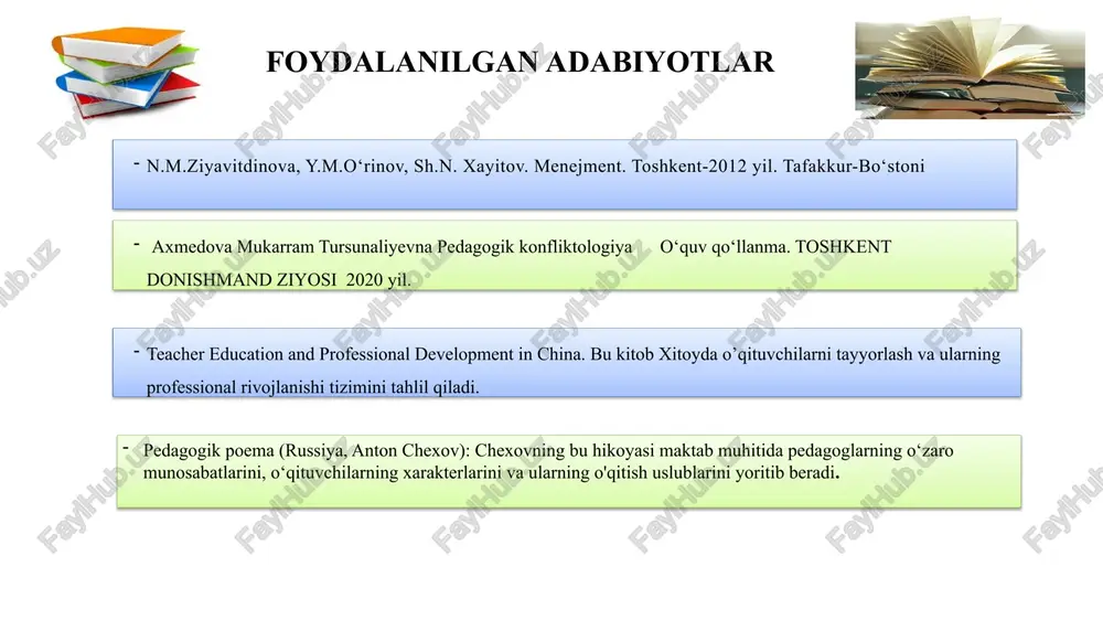 archa pedagog xodimlarga tushunarli tarzda taqdim etish kerak. 2. xulosa o‘rnida shuni ta’kidlash kerakki, jamoada sog‘lom raqobat muhitini yo‘lga qo‘yish uchun eng avvalo direktor adolatli rahbar xususiyatlariga, tashabbuskorlik, tashkilotchilik, motivatorlik, liderlik, tanqidiy va mantiqiy fikrlsh, to‘g‘ri qaror qabul qila olish, zamonaviy va innovatsion g‘oyalarni ilgari sura olish, o‘z shaxsiy manfaatlaridan jamoa manfaatlarini ustun qo‘ya olish, vatanparvar, halol, kamtar inson, xodimlarini to‘g‘ri yo‘lga yetaklovchi menejer bo`lishi kerak. xulosa 9 takliflar 1. maktabning moddiy texnika bazasini rivojlantirish. kasbiy rivojlanish uzliksizligini ta’minlashda akt savodxonligini oshirish. 3. o‘qituvchilar o‘rtasida jamoaviy loyihalar va tadbirlar tashkil etish kerak. bu usul o‘qituvchilarning bir-birlari bilan hamkorlik qilishini va bir-biridan o‘rganishini ta’minlaydi. 2. pedagoglar zamonaviy ta’lim platformalaridan foydalanib dars o‘tishlari uchun barcha maktablarga imkoniyat yaratib berish kerak. chora-tadbirlar t/r muammo muammoning yechimini amalga oshirish mexanizmi mas’ullar muddati natija 1. professional o‘sish uchun boshlang‘ich sinf o‘qituvchilari o‘rtasida 1-4 sinflar kesimida, 5-11 sinf fan o‘qituvchilari o‘rtasida fanlar kesimida trening mashg‘ulotlarini o’tkazish. …
