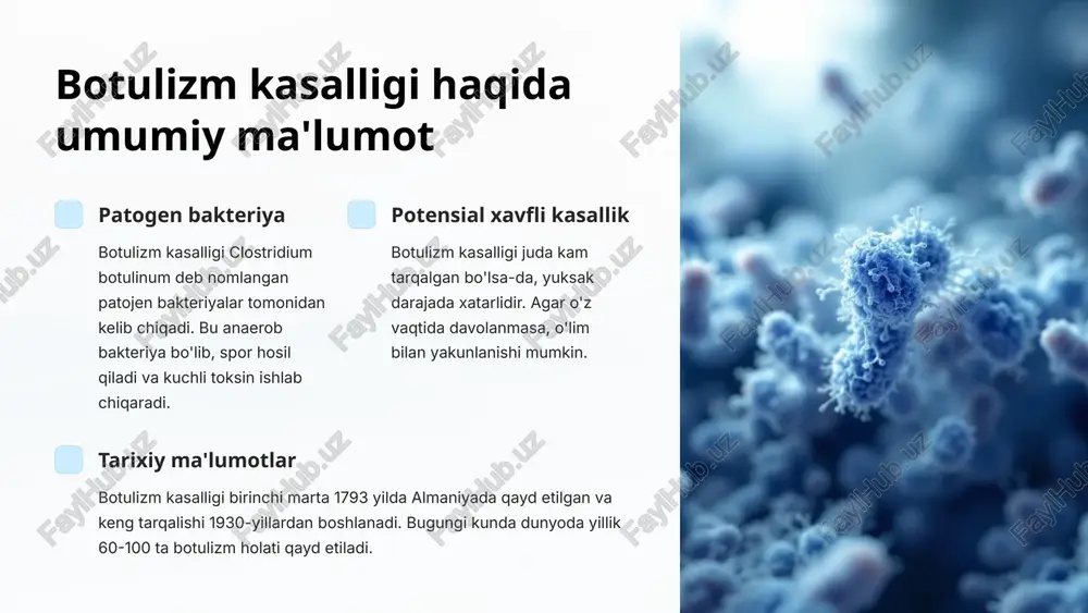 shi talab etiladi. aks holda, havo yo'llari yopilishi va nafas olish qiyinlashishi oqibatida o'lim xavfi yuzaga keladi. 10 botulizm kasalligining og'ir holatlari nafas yetishmovchiligi botulizm kasalligining eng xavfli belgilaridan biri nafas yetishmovchiligi hisoblanadi. kasallik natijasida bosh miyaning nafas markaziga ta'sir etib, nafas olish jarayonini izdan chiqaradi. natijada bemorlarda o'pkaning qisqarishiga, nafas olishda qiyinchiliklarni uchratishga olib keladi. yutish va yurak-qon tomir tizimiga ta'sir botulizm kasalligi yutish va yurak-qon tomir tizimiga ham jiddiy ta'sir ko'rsatadi. bemorlarda yutish qiyinlashadi va yurak urishi susayishi mumkin. ushbu asoratlarshuningdek, hayotga xavf solaoladi. 11 botulizm kasalligini diagnostika qilish usullari qon tahlili botulizm kasalligini tashxislash uchun birinchi navbatda qon tahlili o'tkaziladi. bu tahlil orqali toksin (zaharli kimyoviy moddalar) mavjudligini aniqlash mumkin. klinik ko'rik nevrologik simptomlar, ko'z, yutish va nutq buzilishlarini aniqlash uchun shifokor tomonidan to'liq klinik ko'rik o'tkaziladi. mikrobiologik tahlil zaharli toksinni aniqlash uchun shifoxonaning mikrobiologiya laboratoriyasida maxsus tahlillar o'tkaziladi. 12 botulizm kasalligini davolash va profilaktikasi davolash botulizm …