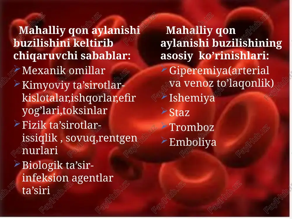 ga. natijada tomir devori o’tkazuvchanligi ortadi, tomirlar kengayadi, qon quyuqlashadi, qon oqimi sekinlashadi, eritrotsitlar bo’kadi. plazma gemoglabin bilan birga qon tomir devoridan tashqariga chiqa boshlaydi. kapillar staz bo’lgan soha to’qimalarida oziqlanishning buzilishi kuzatiladi. kapillar ichiga kirib ta’sir qiluvchi omillar, eritritsitlar plazmolemmasining fizik xususiyatlarini o’zgarishi natijasida agregatsiya vujudga keladi. stazning oqibatlari turlicha bo’lishi mumkin: agarda qonda va qon tomir devorida chuqur o’zgarishlar bo’lmasa, stazni keltirib chiqargan sabablar yo’qotilsa ,shikastlangan joyda qon aylanishi tiklanadi. agarda tomirning shikastlanishi og’ir bo’lsa, eritrotsitlar agregatsiyasi kuchli bo’lsa, staz o’tib ketmaydi, natijada to’qima o’limiga olib kelishi mumkin. tromboz tromboz- bu qon tomirlari ichki devorida, qonning o’z elementlaridan tashkil topgan konglomerat paydo bo’lishidir. bu tomir devoriga yopishgan va qon tomirini qisman yoki butunlay bekitadigan bo’lishi mumkin. tromb tarkibida qanday elementkar ko’p bo’lishiga qarab qizil, oq, aralash tromblar farqlanadi. qizil fibrin tolalari bilan mahkamlangan eritrotsitlar oq trombotsit, leykotsitva zardob oqsillari aralash oq va qizil tromb tarkibiy qismlaridan iborat etiologiyasi: …