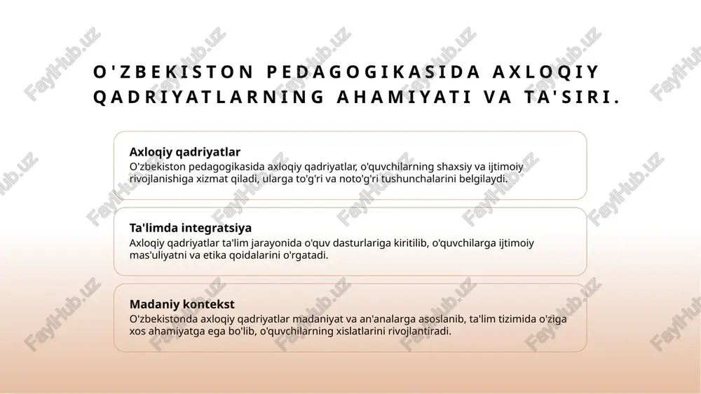 sosiy rol o'ynaydi. 2 o'zbekistonda an'analar - o'zbekistonda axloqiy rivojlanish an'analari tarixiy jihatdan boydir, bu esa zamonaviy ta'lim tizimida ahloqiy qadriyatlarning ahamiyatini oshiradi. 3 innovatsiyalar va ta'lim - zamonaviy innovatsiyalar ta'lim jarayonida axloqiy qadriyatlarni rivojlantirishga yordam beradi, bu esa o'quvchilarning ijtimoiy mas'uliyatini oshiradi. foydalanilgan adabiyotlar 1. abdullaeva, n. m. axloqiy qadriyatlar va ta'lim jarayoni. o'zbekiston respublikasi oliy va o'rta maxsus ta'lim vazirligi, 2021. 2. khalilova, l. a. o'zbekistonda axloqiy rivojlanish va pedagogika. o'zbekiston respublikasi fanlar akademiyasi, 2022. 3. murodov, d. sh. pedagogikada madaniy kontekst va axloqiy qadriyatlar. o'zbekiston respublikasi ta'lim vazirligi, 2023. 4. yunusova, f. k. ta'lim jarayonida madaniy kontekst va ahloqiy qadriyatlar. o'zbekiston respublikasi oliy ta'lim muassasalari, 2020. 5. tursunov, a. r. pedagogik jarayonda tarbiyaning mazmuni: metodologik asoslar. o'zbekiston milliy universiteti, 2021. e'tiboringiz uchun rahmat! /docprops/thumbnail.jpeg