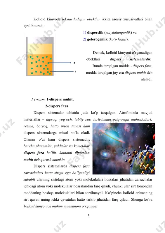 hchev kolloid moddalar kristall holida ham bо’lishi mumkinligini isbotlab berdi. sо’ngra rus olimi p.p. veymarn t.gremning fikrlari tor ma’noga ega ekanligini isbotladi. u kolloid holatda 200 dan ortiq modda tayyorlab, har qanday modda ham sharoitga qarab kolloid holida ham, kristalloid holatda ham bо’la olishini kо’rsatdi. shunday qilib, har qanday modda sharoitga qarab ba’zida kolloid eritma, ba’zi sharoitda esa chin eritma hosil qilishi mumkin. masalan, -osh tuzi suvda eriganda chin eritma hosil qiladi, lekin osh tuzini benzoldagi kolloid eritmasini hosil qilish mumkin; -sovun suvda eriganda kolloid eritma hosil bо’ladi, lekin sovunni spirtda eritib, uning chin eritmasini tayyorlash mumkin. demak, kolloid holat materiyaning о’ziga xos alohida holatidir ya’ni, kolloid modda yо’q, moddaning kolloid holati mavjud. kolloid holat - bu moddaning yuqori dispersli (kuchli maydalangan) holati bо’lib, zarrachalar alohida molekulalar agregatidan tashkil topadi. gremdan avval bu sohada m.v. lomonosov, i.ya. berselius, f.selmi, a.a. musin-pushkin, m.faradey, i.g. borshchev va boshqalar ham ish olib borganlar. …