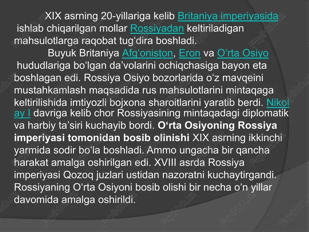 oyining boshlarida jizzax, kazalinsk va kaspiy dengizi qirgʻoqlardan(mangʻishloq va krasnovodsk otryadlari) yoʻlga chiqishdi. otryadlardan faqat krasnovodsk xivaga yetib borolmadi. yoʻlning aql bovar qilmas qiyinchiliklaridan soʻng, suvsiz choʻllarda issiqlik va changdan aziyat chekkan birlashgan otryadlar may oyining oxirida xivaga yaqinlashdi. 1873-yil 28-mayda general verevkin boshchiligidagi orenburg-mangʻishloq otryadi qoʻshinlarining bir qismi, xiva shahriga yaqinlashib, toʻplardan 250 metr uzoqlikdan shaharga oʻt ochgan oʻrta osiyoni rossiya imperiyasi tomonidan bosib olinganligi uchun medal rus qoʻshinlarining xivaga kirib kelishi 20-yillarning boshlarida joriy etilgan yangi iqtisodiy siyosat o`zbekistonning ham iqtisodiyotida jonlanishga olib keldi. lekin 20-yillarning oxirida bu siyosat o`zining mohiyatini yo`qota boshladi va 1929-yilda batamom bekor qilindi. yerkin savdo, xususiy tadbirkorlikka chek qo`yildi. o`zbekistonda sovet hokimniyatini mustahkamlashning zaruriy sharti sifatida industriyalashtirish siyosatini amalga oshirish boshlandi. san’ati koloq, malakali ishchi kadrlar mutaxassislari deyarli yo`q, og`ir sanoati rivojlantirish tajribasi yo`q o`lkada industriyalashtirish og`ir kechdi. industriyalashtirishning dastlabki paytida kichik suv elektrostantsiyasi hamda qishloq xo`jaligiga, paxtachilikka qaratilgan xom-ashyoni qayta ishlash korxonalari …