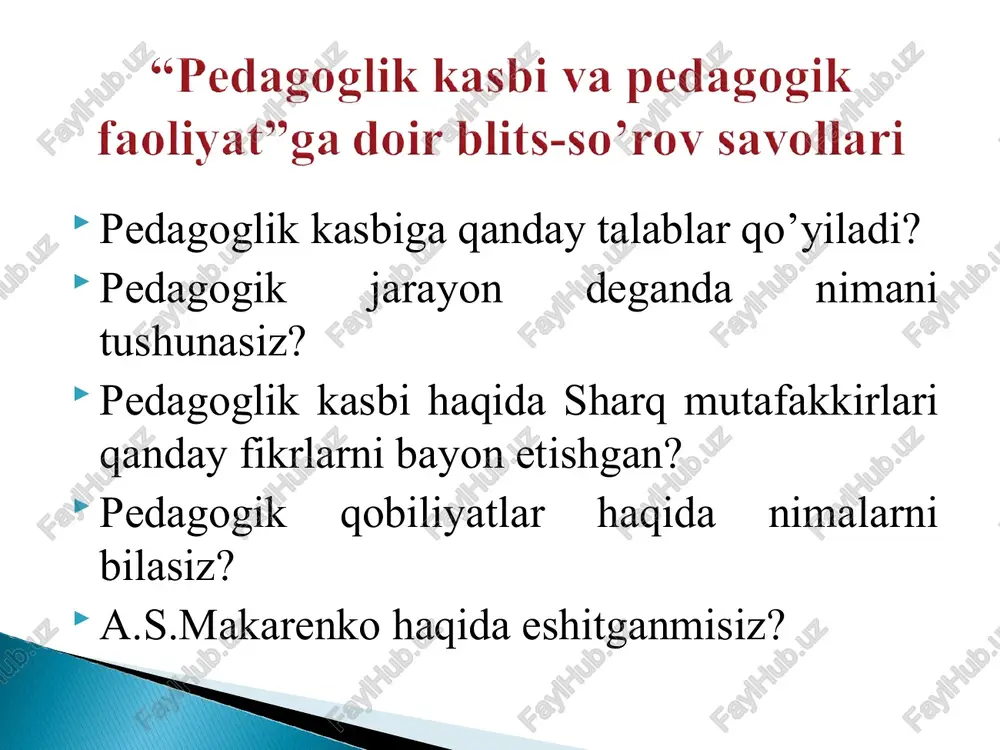 hkilotchilik; pertseptiv; prognostic (bashoratga doir); suggestiv; ekspressiv; kreativ intellektual madaniyat; siyosiy madaniyat, axboriy madaniyat; mustaqil fikrlash madaniyati; muloqot madaniyati; nutq madaniyati; pedagogic odob; o’z-ozini boshqara olish; birgalikdagi hamkorlikdagi faoliyat pedagogik bilimdonlik deganda konkret tarixiy davrda qabul qilingan me’yorlar (normalar), standartlar va talablarga muvofiq pedagogik vazifani bajarishga qobillik va tayyorlik bilan belgilanadigan integral kasbiy-shaxsiy tavsifnoma tushuniladi. kasbiy-pedagogik bilimdonlik deganda esa, pedagogik voqelikni izchil idrok eta bilish va unda izchil harakat qila olish malakasini qamrab oladi. pedagogik qobiliyatlar – ta’lim-tarbiyaviy maqsadlar va o’quvchilarning individual-psixologik xususiyatlarini hisobga olgan holda zaruriy shakl, metod va vositalarni samarali qo’llay olishdir. pedagogik madaniyat – bu umuminsoniy madaniyatning bir bo’lagi bo’lib, unda eng avvalo, avlodlar almashinuvi va shaxsning ijtimoiylashuvi kabi tarixiy jarayon uchun xizmat qilishda insoniyat uchun zarur bo’lgan ma’naviy va moddiy qadriyatlar aks etgan. ilmiy jihatlari ta’rifi aksiologik yondashuvga ko’ra pedagogik madaniyat – tarbiya haqidagi fan sifatida pedagogika tayanadigan pedagogik qadriyatlar majmuidir. ushbu qadriyatlar moddiy va ma’naviy …