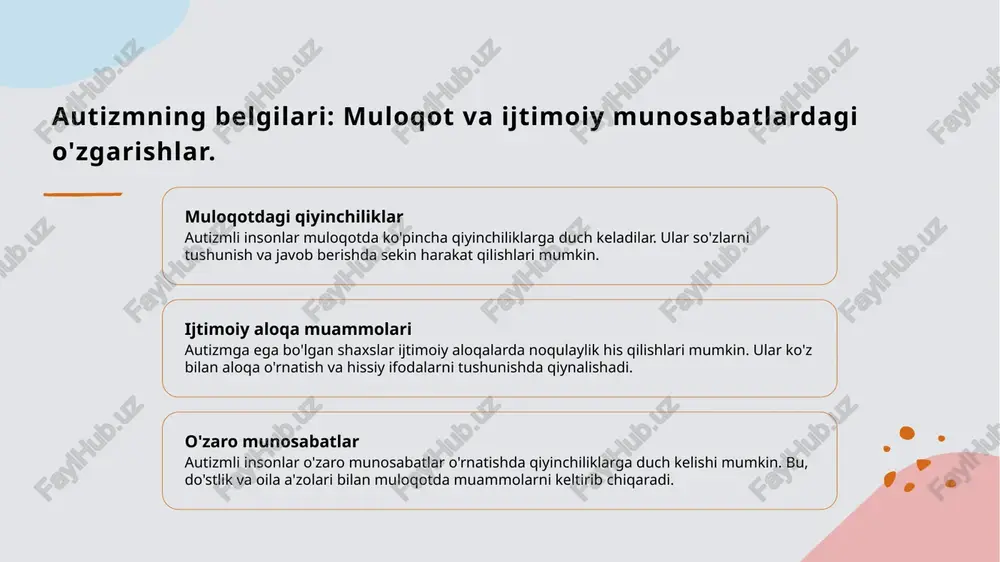 osabatlarda o'zgarishlar bilan namoyon bo'ladi. har bir bolaning o'ziga xos jihatlari mavjud. 2 psixologik va genetik omillar - autizmning rivojlanishida psixologik sabablardan tashqari, genetik va muhit omillari ham muhim rol o'ynaydi. bu omillarning ta'siri har bir bolada turlicha bo'lishi mumkin. 3 davolash usullari va qo'llab-quvvatlash - autizimni davolashda psixologik yondashuvlar, oila va jamiyat qo'llab-quvvatlashi katta ahamiyatga ega. terapiya turlari mustaqil yashash imkoniyatlarini oshiradi. foydalanilgan adabiyotlar 1. shamshodov, a. m. autizm kasalligi: belgilari va davolash usullari. tashkent university press, 2021 2. siddiqov, b. psixologik jihatlari: autizm va mustaqil yashash strategiyalari. uzbekistan journal of psychology, 2022 3. latifova, d. autizm sindromining sabab va ta'sirlari. scientific journal of uzbek research, 2020 4. tursunov, i. autizm: ijtimoiy va madaniy kontekstda psixologik tahlil. journal of social sciences, 2023 5. karimova, n. autizm va uning davolash usullari: zamonaviy yondashuvlar. psychological research institute, 2022 e'tiboringiz uchun rahmat! /docprops/thumbnail.jpeg