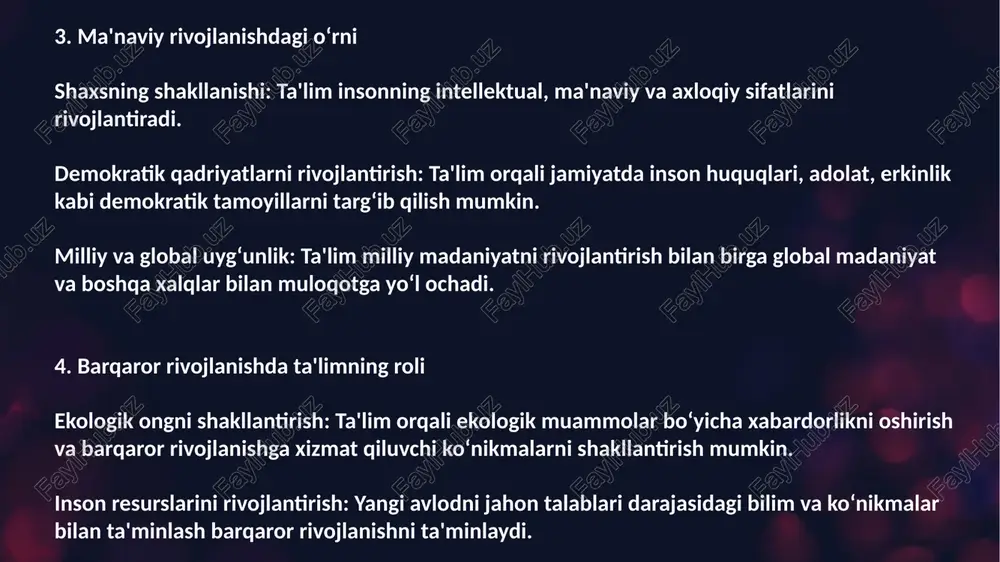 a kiritmoqda. 1.2. xalqaro grantlar va dasturlar erasmus+, daad, fulbright kabi xalqaro dasturlar orqali talabalar va o‘qituvchilar almashinuvini kuchaytirish. ta’lim sohasidagi loyihalar uchun xalqaro moliyaviy 1.3. diplomalarning xalqaro tan olinishi ta’lim tizimini jahon standartlariga moslashtirish orqali o‘zbekistonda berilgan diplomlarning xalqaro miqyosda tan olinishini ta’minlash. chet davlatlarning ta’lim standartlari bilan integratsiyani rivojlantirish. 1.4. talabalar almashinuvi xorijiy davlatlar bilan talabalar almashinuvini yo‘lga qo‘yish, chet elda o‘qish uchun stipendiyalar ajratish. o‘zbekiston talabalari uchun xorijiy oliy o‘quv yurtlarida o‘qish shart-sharoitlarini yaxshilash. 2. ta’lim tizimidagi innovatsiyalar 2.1. raqamli ta’lim tizimini rivojlantirish elektron ta’lim platformalari: o‘quv materiallarini onlayn yetkazib beruvchi tizimlarni ishlab chiqish va joriy etish. masalan: ziyonet platformasi. masofaviy ta’lim: internet orqali masofaviy o‘qitish tizimlarini kengaytirish. raqamli kutubxonalar: talabalar va o‘qituvchilar uchun elektron kutubxonalarni yaratish va rivojlantirish. 2.2. innovatsion pedagogik usullar interaktiv o‘qitish texnologiyalari (videodarslar, simulyatsiyalar, virtual laboratoriyalar) qo‘llanmoqda. o‘quv jarayonida robototexnika va sun’iy intellekt texnologiyalaridan foydalanish yo‘lga qo‘yilgan. 2.3. stem ta’limini rivojlantirish fan, texnologiya, …