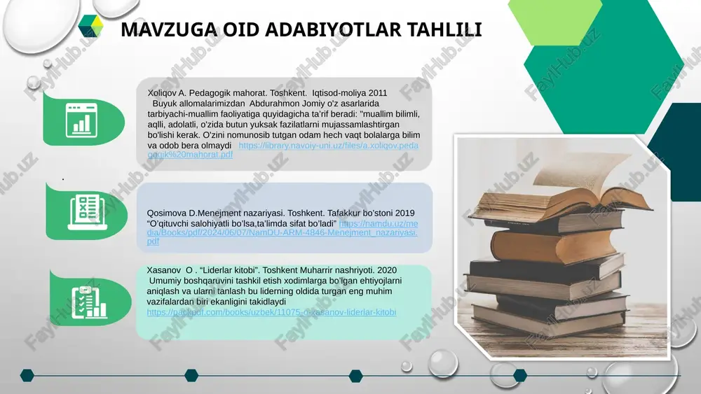 bali ustozlardan bilimlarini oshirishda hamkorlik qilishadi. qozog`iston 1 apreldan boshlab ta’lim-maorif vazirligi milliy ta’lim bazasida maktablarga o‘qituvchilarni ishga qabul qilish bo‘yicha yangi modulni ishga tushiradi. endilikda o‘qituvchilarning barcha ma’lumotlari «pedagog portfoliosi» modulida jamlangan. bu yerda o‘qituvchi, uning ma’lumoti, sog‘lig‘i, ish tajribasi, qonunbuzarliklar, attestatsiya, mukofotlar va murabbiylik haqidagi elektron ma’lumotlar hamda raqamli hujjatlar saqlanadi maktabdagi bilim va tajribasi yuqori bo‘lgan pedagog xodimlarni yosh kadrlarga “ustoz-shogird” an`anasi bo`yicha tajriba almashinish tizimi yo`lga qo`yilgan bo`lib,bu tizimni nazorat qilish mexanizmini ishlab chiqish. kadrlar salohiyatini rivojlantirish va har bir lavozimga munosib nomzodni tanlab olish, ta’lim muassasasida ta’lim sifatini oshirish, jamoa bo’lib ishlash ko’nikmalarini shakllantiradi, ahillik va inoqlikni ta’minlaydi. xulosa 1. maktabda salohiyatli kadr tanlab olish jarayonida maktab direktori, o`rinbosarlar, jamoatchilik, kuzatuv kengashi va malakali o`qituvchilardan iborat ishchi guruhini tuzish va nomzodlarni amaliyotda sinab ko`rish. 2jahon tajribasidan foydalanib, otm larni yuqori natejalar bilan tamomlagan bitiruvchilarni tanlab olish mexanizmini yo‘lga qo‘yish. takliflar 3. maktabdagi bilim va tajribasi …