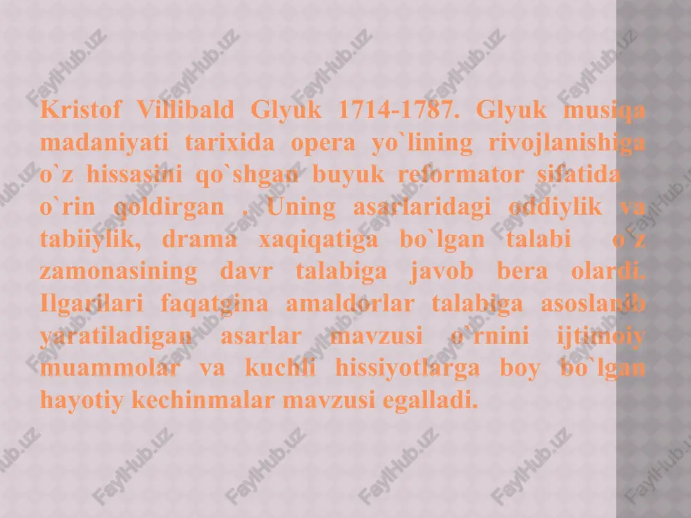 irob va kechinmalarini ochib berishi kerak. glyuk operasi musiqiy dramaturgiyasining asosiy maqsadi musiqaning organik sintezi va dramatik ta`siridan iborat edi. glyuk musiqasi, qahramonlarining ichki kechinmalarini ochish vositasidir. shuning uchun, u dramaga bo`ysundirilishi, barcha dramatik o`zgarishlarga hushyor javob berishi kerak deb hisoblardi. glyukning islohotchilik operalarida musiqa, dramatik voqeliklar bilan uyg`unlikda rivojlantirilgan. musiqa aynan dramatik harakatni ifodalash uchun asosiy vosita sifatida namoyish etilgan. ariya va rechitativlar talqini. glyuk opera spektakllarining barcha elementlari asosiy maqsad --- musiqa va dramatik voqealarning bog`lanishiga bo`ysundirilgan. ariya dramatik voqea rivojiga uzviy ravishda qo`shiladi, qahramonning tuyg`u va kechinmalari holatida muvofiq quriladi. ariya, xonandalarning vokal san`atini namoyish etuvchi kontsert nomeri sifatida gavdalanmaydi. rechitativlar. glyuk operalarida rechitativlar musiqiy ifodaliligi bilan ajralib turadi. ular an`anaviy seriya operasidagi kabi, kontsert nomerlari orasidagi bog`lovchilik vazifasini o`tashdan to`xtaydi. shu tariqa musiqiy nomer va rechitativlar orasidagi keskin chegara mavjudligi yo`qola boradi. o`zining mustaqil vazifasini saqlab qolar ekan, ariyalar, rechitativlar va xorlar katta dramatik sahnalarga birlashadi. …