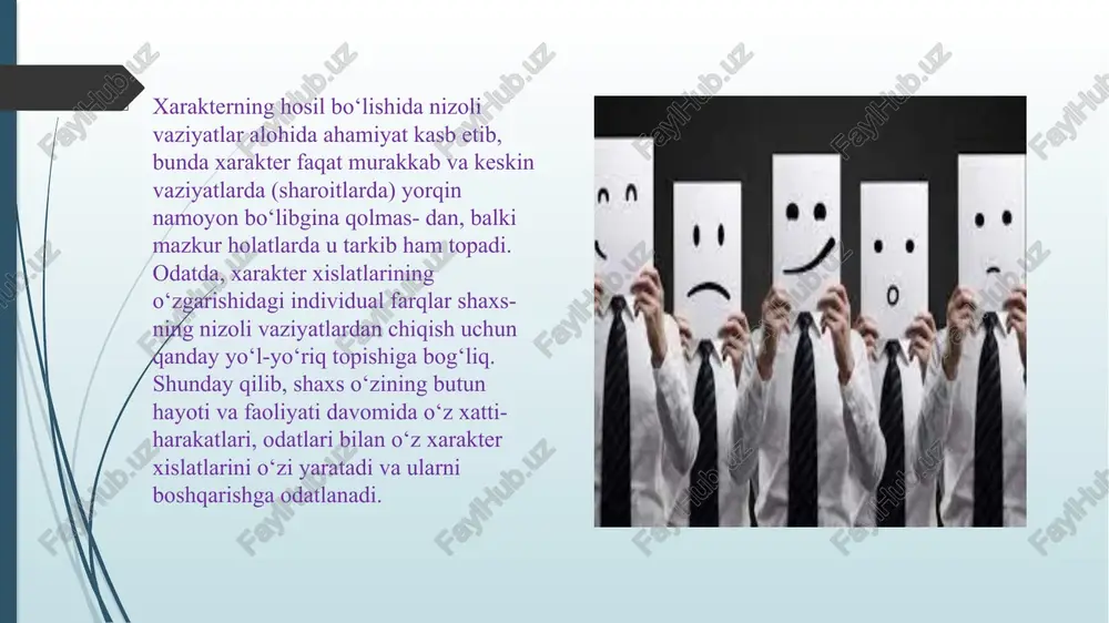 ar va boshqa axborot manbalari ham qiziqishlarni shakllantirishi mumkin. masalan, ilmiy kashfiyotlar haqida maqolalarni o'qigan odam ilm-fanga qiziqishi mumkin. shaxsiy ehtiyojlar va maqsadlar: insonning ehtiyojlari va kelajakdagi maqsadlari ham qiziqishlarini belgilaydi. kimdir kasbiy muvaffaqiyatga erishishni xohlasa, o'z kasbi bilan bog'liq sohalarga qiziqishi oshadi. yoki kimdir sog'lom turmush tarzini tanlashni maqsad qilsa, sport va ovqatlanish masalalariga qiziqishi mumkin. odat inson odatlari uzoq vaqt davomida muntazam ravishda takrorlanadigan xatti-harakatlar orqali shakllanadi. odatlarning paydo bo'lishi bir qator omillarga bog'liq: takrorlanish:odat shakllanishining asosiy omili — bu muntazam takrorlash. inson biror faoliyatni ko'p marta bajarganida, u asta-sekin avtomatik ravishda, ongli harakatlarsiz amalga oshiradigan odatga aylanadi. masalan, har kuni ertalab sport bilan shug‘ullanish yoki ish kunini bir chashka qahva bilan boshlash odatlar shakllanishiga misol bo‘ladi. ijtimoiy ta'sir:atrofdagilar ham odatlarning paydo bo‘lishida katta rol o‘ynaydi. insonlar o‘zlarining oilalari, do‘stlari yoki hamkasblarining odatlarini ko‘rishadi va ularga ergashishadi. masalan, sog'lom turmush tarziga ega jamiyatda yashayotgan odam ko'pincha shu turdagi …