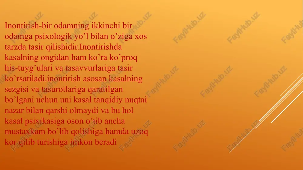 unga ko‘zlarini yumish tavsiya etiladi. bemorni uxlatmasdan turib, faqat muskullari bo‘shashtiriladi va orom, tin olishiga erishiladi. aytiladigan narsalar past ovoz bilan tushuntirib boriladi va shu tariqa ta'sir ko‘rsatiladi. masalan, mana bunday deyiladi: «hozir nerv hujayralari orom olib, kuch to‘plamoqda. shuning uchun siz turganingizdan keyin o‘zingizni ancha tetik his qilasiz». yoki: «sizning tajangligingiz asab sistemangizning zaifligiga bog‘liq. ammo, asab hujayralarining o‘zi butun, ular charchagan, xolos. hozir ular kuch to‘plamoqda. seansdan keyin siz juda tinchib qolasiz». o‘z-o‘zini inontirish. olimlar (i.r. tarxanov, v.m. bex-terev, k.i. platonov va boshq.)ning ko‘pdan ko‘p tajribalari kasalning o‘zini-o‘zi ishontirib aytgan so‘zlari organizmining turli tizimlarida fiziologik o‘zgarishlar keltirib chiqarishini ko‘rsatdi. tansiq ovqat to‘g‘risida o‘ylashga javoban me'da shirasining ajralishi, sovuq ta'sir qilishi to‘g‘risida o‘ylashga javoban badan terisining«tuk-tuk» bo‘lib ketishi, ko‘zga yot narsa tushdi deb xayol qilinganida ko‘zning pirpirashi va boshqa shu singari dalillar tushunchalarning organizmdagi fiziologik jarayonlarga ta'sir ko‘rsatishini aniq-ravshan qilib isbotlaydi. hozir o‘z-o‘zini ishontirishning har xil usullari qo‘llani- ladi. …