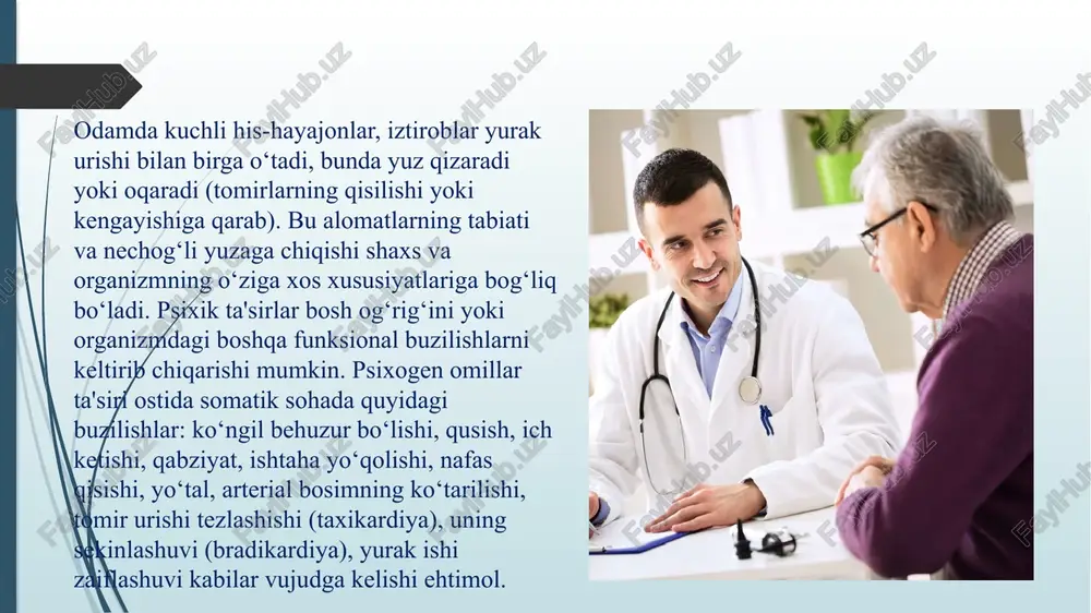 adigan, jizzaki, qo‘rqoq, asabi zaif bemorlarda uchraydi. turli xil yatrogen xastaliklar kelib chiqishida o‘rta tibbiyot xodimlari sababchi bo‘lgan hollar ham ko‘p kuzatilgan. ular sorrogeniyalar (lotincha sorror — hamshira) deb ataladi. terapiya bo‘limida davolanayotgan bemorlarning har biri uchun alohida ijobiy psixologik ta'sir vositasi, ya'ni so‘zlar majmuasi topilishi kerak. bemor o‘z kasalligi to‘g‘risida kam o‘ylaydigan, davoning samarali yakunlanishiga isho- nadigan bo‘lishi kerak. buning uchun bo‘limda xizmat qi- layotgan shifokor va hamshiralar psixologik bilimlarni chu- qur egallagan bo‘lishlari kerak. aks holda, yaxshi natija- larga erishish qiyin bo‘ladi. psixoterapevtik davolash usullari psixoterapevtik davolash usullari bemorlarning ruhiy holatini yaxshilashga qaratilgan. ular quyidagilarni o‘z ichiga oladi: kognitiv xulq-atvor terapiyasi (kxt):kasallik tufayli yuzaga kelgan salbiy fikrlarni aniqlash va o‘zgartirishga yordam beradi. stress va xavotirni boshqarish ko‘nikmalarini o‘rgatadi. stressni boshqarish terapiyasi:relaxatsiya mashqlari, nafas olish texnikalari va meditatsiya orqali bemorni tinchlantirish.stress omillarni aniqlash va ularga javobni optimallashtirish. gruppaviy psixoterapiya:boshqa bemorlar bilan birga muammolarni muhokama qilish orqali ruhiy qo‘llab-quvvatlashni ta'minlash.ijtimoiy …