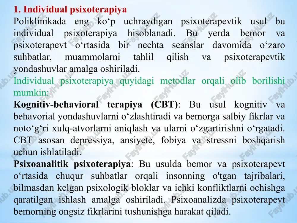 o‘nalishlarga bo‘linadi: 1. oilaviy psixoterapiya va psixologik yordam oilaviy munosabatlarni yaxshilash: oilaviy poliklinikalarda oilaviy psixoterapiya seanslari orqali turmush o‘rtog‘ining, ota-onalar va bolalar o‘rtasidagi munosabatlar yaxshilanadi. psixoterapevtlar oilaning barcha a’zolarini muammolarni hal qilishda birlashtirib, ularning o‘zaro tushunishi, hurmatini va muomala madaniyatini oshiradilar. nizolarni hal etish: oila ichidagi ijtimoiy va emotsional muammolarni bartaraf etish uchun oilaviy psixoterapiya yordamida noxush holatlar, qarama-qarshiliklar va tushunmovchiliklarni bartaraf etish imkoniyati yaratiladi. oilaviy krizislarni boshqarish: oilada o‘zgartirishlar yoki krizis holatlari (masalan, ajralish, ota-onalar o‘rtasidagi janjallar, bolalar bilan bog‘liq muammolar) yuzaga kelganda, psixologik yordam va maslahatlar orqali bu muammolarni samarali hal qilishga yordam beriladi. 2. bolalar va ota-onalar uchun psixologik yordam bolalar bilan ishlash: oilaviy poliklinikalar bolalarning psixologik holatini nazorat qilishga, ularni ijtimoiylashish, o‘zaro munosabatlar o‘rnatish va o‘qish jarayonida qo‘llab-quvvatlashga katta e’tibor qaratadi. bolalar bilan ishlashda ularning rivojlanishiga salbiy ta'sir ko‘rsatadigan stress, travmalar yoki oilaviy nizolarni bartaraf etish maqsad qilingan. ota-onalarga maslahatlar berish: ota-onalar uchun tarbiya va bolalar …
