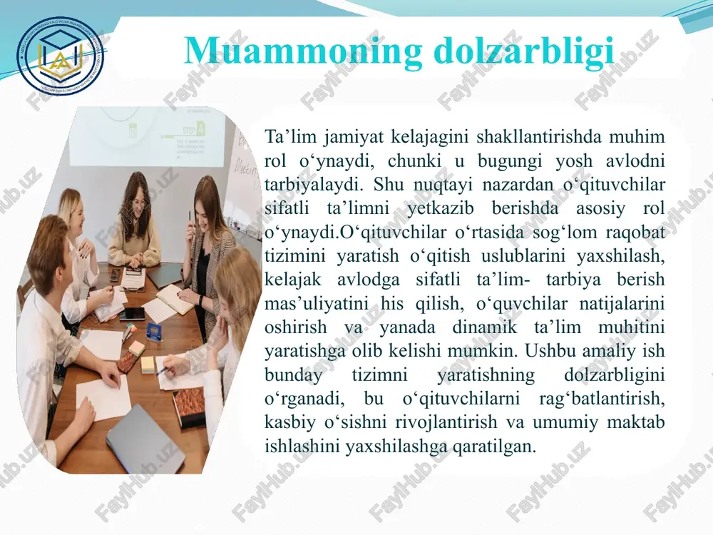 kidlaydi, bu esa individual raqobatdan ko‘ra jamoaviy yuksaklikni targ‘ib qiladi (sahlberg, 2015). qiyosiy tahlil etilganligi o’zbekiston maktabda sog‘lom raqobatni yaratishda rahbarning adolatli yondashuvi yo‘qligi, sog‘lom muhitning shakllanmaganli, shaffof rag`batlantirish hamda samarali boshqaruvning tashkil etilmaganligi. yaponiya o‘qituvchilar ko‘pincha hamkorlikda ishlaydi va o`quvchilar muvaffaqiyati uchun mas'uliyatni baham ko‘radi. fillandiya takliflar rossiya pedagogik xodimlar o‘rtasida sog‘lom raqobat ko‘pincha turli bosqichlarda, jumladan, mahalliy, viloyat, respublika ko‘rik-tanlovlari tashkil etiladi. yo‘qori darajada malaka va sertifikatlarga ega bo‘lishi kerak. o‘qituvchi pedagoglar o‘rtasida jamoada ishlash ko‘niklmalarini shakllantirish, pedagogik xodimlar o‘rtasida sog‘lom raqobat ko‘pincha turli bosqichlarda, jumladan, mahalliy, viloyat, respublika ko‘rik-tanlovlari tashkil etish. xulosa o‘qituvchilar o‘rtasida sog‘lom raqobat yaxshi ishlab chiqilgan va ehtiyotkorlik bilan amalga oshirilganda, ta’lim natijalarini yaxshilash uchun kuchli vosita bo‘lishi mumkin. bu o‘qituvchilarni innovatsiya qilishga, mukammallikka intilish va o‘qitish uslublarini doimiy ravishda yaxshilashga undaydi. biroq raqobat salbiy oqibatlarga, masalan, stress yoki nosog‘lom raqobatga olib kelmasligini ta’minlash muhimdir. xalqaro amaliyotlardan olingan tushunchalar raqobatni individual rag‘batlantirish va hamkorlikdagi …