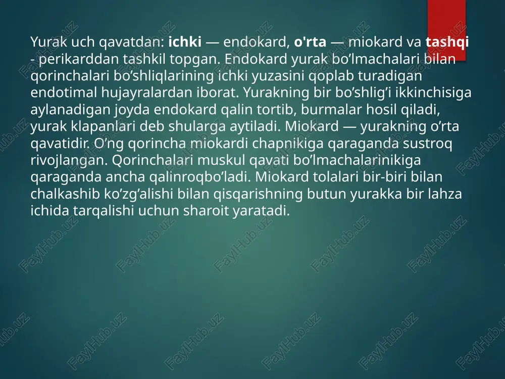 atijasida kelib chiqadi va buning evaziga kichik qon aylanish doirasida qon dimlanadi, hansirash - yurak yetishmovchiligining birinchi belgilaridan hisoblanadi. yurak muskullarining sezilarsiz bo’shashishi natijasida jismoniy kuchlanishlarda hansirash seziladi. shish. yurak yetishmovchiligining xarakterli belgisidir, aniqrog’i o’ng qorincha yetishmovchiligi. o’ng qorincha muskullari qisqaruvchanlik funksiyasining pasayishi evaziga katta qon aylanish doirasida qon dimlanadi, tomirlar devorining buzilishi natijasida suyuqlik sizib chiqadi va shish paydo bo’ladi. yurak kasalliklarida shish asosan pastdan boshlanadi (oyoqlardan), bemor yotgan paytda shish bel va dumg’aza sohasida aniqlanadi. sianoz. lablar, burun uchi, barmoqlar, tirnoqlar ko’karadi va yurak yetishmovchilik belgilaridan biri bo’lib, shishdan oldin kelib chiqadi. tekshirish usullari: -palpatsiya -auskultatsiya -a/b ni bosimni o’lchash -pul’sni aniqlash -labaratoriya tekshirish - aparatlar yordamida tekshirish (ekg, uzi, exo) image2.png /docprops/thumbnail.jpeg