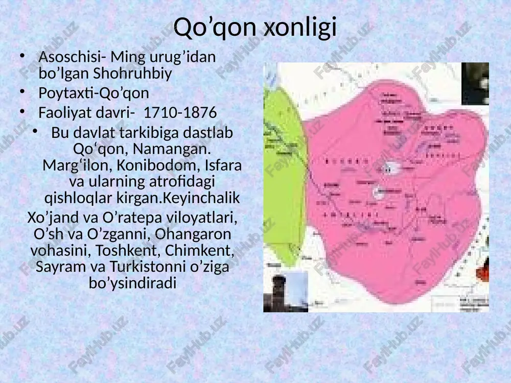 gurt manbaini topganini yozgan.boshqa manbalarda sashg’ar va qamishqo’rg’on orasidagi darada tuz borligi eslatib o’tilgan. ilm –fan va madaniy hayot mirzo olim maxdum xoji “tarixi turkiston” asarida ilmiy muhit haqida: «ilmu maorifda bo’lsa, turkistonda o’tgan ibn sino, forobiy, ulug’bek ali qushchi o’rniga o’lturg’on olim faylasufi zamon deganlarimiz izzatu nafs va riyokorlikka tadbil bo’lub, jahl balosig’a mubtalo bo’lgan edilar aniq va tabiiy fanlarda mutaasiblik va jaholat hukmron bo’lgan. masalan, 1873yilda mavlaviy rishtoniy arkda quyosh soatini yasaganida olomon uni sehrgarlik va jodugarlikda ayblab va g’alayon davrida uni urib o’ldiradi. qo’qon xonligida yaratilgan 1-tarixiy asar shoir akmal shermuhammad xo’qandiy ga tegishli. akmal shermuhammad o’zining “amirnoma” asarini fors-tojik tilida 1801-yildan keyon nasr uslubida yozgan. qo’qon xonligining soliq siyosati mamlakatda mavjud soliqlarni joriy etilishiga ko’ra 4 ta turga bo’lingan. shariat qonun-qoidalari asosida joriy etilgan asosiy soliqlar xiroj ushr zakot dehqonchilikda donli ekinlar ekiladigan yerlardan olinnadigan soliq- xiroj deb atalgan. u hosilning 1/5 qismini tashkil etib, 5 …
