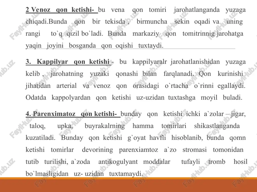 oki ro`molchani sovuq suvda namlab burunni qisib turgan barmoqlar ustidan yopib qo`yish. 5. shu vaziyatda 8-10 minut ushlab turish, so`ngra barmoq olinganda qon oqmasa, u to`xtagan bo`ladi. agar barmoq olinganda qon yana oqa boshlasa, burunni barmoqlar bilan qisgan vaziyatda transportga o`tqizib, bemor shifohonaning lor bo`limiga jo`natiladi. qon va qon o`rnini bosuvchi suyuqliklar quyish. yo`qotgan qon o`rnini to`ldirish, qonning ivish xususiyatini oshirish, to`qimalarni qon bilan ta`minlash, oqayotgan qonni to`xtatish, davo va boshqa maqsadlarda qon va qon o`rnini bosuvchi suyuqliklar yuboriladi. qon bevosita va bilvosita yo`l bilan quyiladi. bevosita usulda qon donordan to`g`ridan-to`g`ri bemorga quyiladi. donorning qoni shpritsga olinib, uni yonida yotgan bemorga shu vaqtning o`zidayoq shprits yordamida yuboriladi. bilvosita usulda oldindan donordan olib flakonlarda tayorlab qo`yilgan qon bemorga qo`yiladi. qon quyishda qon guruhi va rezus omili mosligiga ahamiyat berish lozim. qon guruhlari. 1901 yili avstriyalik olim k.landshteyner, 1907 yili chex olimi ya.yanskiy turli odamlar qoni kimyoviy-biologik xossalariga ko`ra bir-biridan farq qilishini …