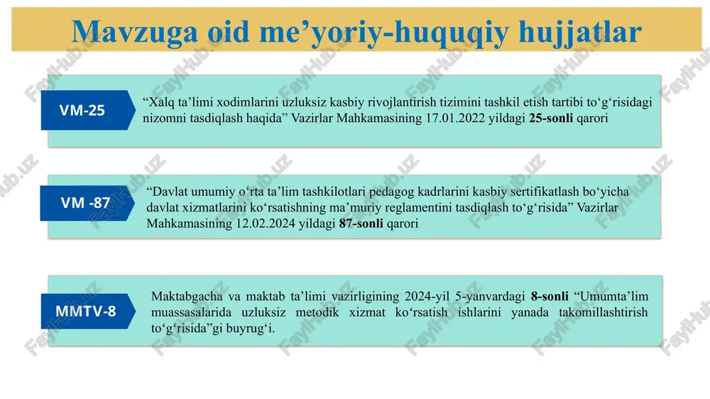 i egallashlarida yordam berishlari, bundan tashqari doimo o‘z ustlarida ishlashlari orqali xalqaro standartlarga javob bera oladigan o‘quvchilarni yetkazib berishda maktabning, jamiyatimizning asosiy bo‘g‘ini deb hisoblayman. zamonaviy menjer rahbar har doim yosh mutaxassislarni qo‘llashi, ularga eng yaxshi ustoz biriktirishi natijasida yaxshi samaradorlikka erishishi mumkin. shuningdek, yosh mutaxassislar izlanuvchan qiziquvchan bo‘lishadi aynan ular bilan qiziqarli loyiha ishlarini qilish orqali o‘quvchilarni ta’limga qiziqishlarini orttirish mumkin 10 takliflar: yosh mutaxassislarning innovatsion g‘oyalari va loyihalarini qo‘llab-quvvatlash va rag‘batlantirish. yosh mutaxassislar uchun amaliy mashg‘ulotlar va loyihalar tashkil qilish, ularni real muammolarni hal qilishga jalb qilish. tajribali mutaxassislar yoki o‘qituvchilar yosh mutaxassislarni qo‘llab-quvvatlash va yo‘naltirish uchun mentorlik dasturlarini yaratish. chora-tadbirlar rejasi t/r muammo amalga oshirish mexanizmi mas’ullar muddat natija 1 maktablarda yosh mutaxassislarni nomiga “ustoz-shogird”qilib biriktirib qo‘yilishi tajribali mutaxassislar yoki o‘qituvchilar yosh mutaxassislarni qo‘llab-quvvatlash va yo‘naltirish uchun mentorlik dasturlarini yaratish. maktab direktori, o‘ibdo‘, metod birlashma rahbarlari. har chorakda yosh mutaxassislarni lider o‘qituvchi qilib shakllantirish 2 umumta’lim maktablaridagi …