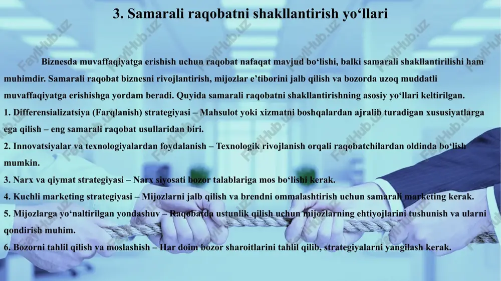 noyob deb targ‘ib qilsa-da, aslida o‘rnini bosuvchi (substitut) mahsulotlar ko‘p bo‘ladi. monopolistik raqobatning asosiy xususiyatlari: 1. ko‘plab sotuvchilar va xaridorlar – bozorda ko‘plab mustaqil kompaniyalar faoliyat yuritadi. 2. mahsulotlarning differensiallashuvi – kompaniyalar o‘z mahsulotlarini dizayn, sifat, xizmat, brend va boshqa omillar orqali farqlashga harakat qiladi. 3. bozorga kirish va chiqish erkinligi – yangi firmalar bozorda o‘z faoliyatini boshlashi mumkin, lekin raqobat va brend imidji sababli bu qiyin bo‘lishi mumkin. 4. narxlarga cheklangan ta’sir – har bir firma o‘z narx siyosatini belgilashi mumkin, lekin iste’molchilar o‘xshash mahsulotlarni boshqa firmalardan sotib olishi mumkinligi sababli narxlarni keskin oshirish cheklangan. 5. reklama va marketingning katta roli – mahsulotni boshqa raqobatchilarnikidan ajratish uchun marketing muhim ahamiyatga ega. monopolistik raqobatning afzalliklari: xaridorlar tanlash imkoniyatiga ega bo‘ladi, chunki mahsulotlar xilma-xil bo‘ladi. innovatsiyalar va sifatni yaxshilashga rag‘bat kuchayadi. firmalar mustaqil narx belgilash imkoniyatiga ega bo‘ladi. monopolistik raqobatning kamchiliklari: reklama va marketing xarajatlari oshib ketishi mumkin. narxlar mukammal raqobatga …
