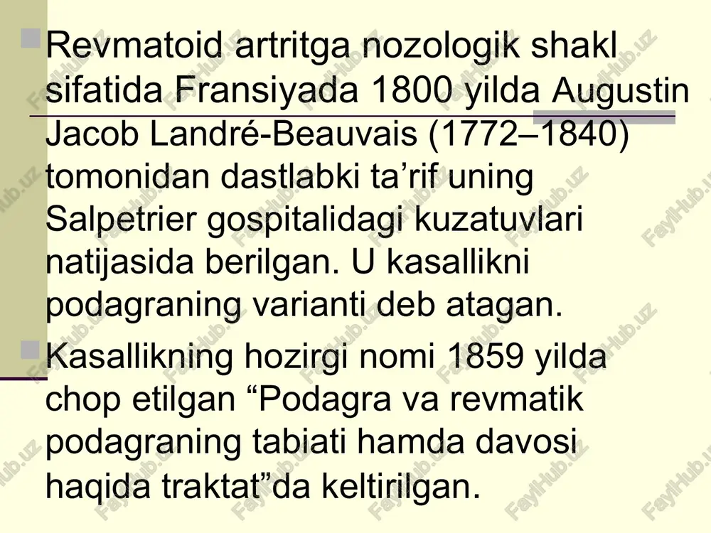 05.0) revmatoid artrit aloxida klinik shaklllari: - kattalarda rivojlanadigan still kasalligi (m06.1) 2 - o’rtacha 1 - past 3 - yuqori 3. kasallik faolligi: 0 - remissiya das28 5,1 1. revmatoid tugunchalar 4. neyropatiya (mononevrit, polineyropatiya) 2. teri vaskuliti (yarali-nekrotik vaskulit, tirnoq infarkti, digital arteriit, livedo-angiit) 5. plevrit (quruq, ekssudatli), perikardit (quruq, ekssudatli) 6. shegren sindromi 3. boshqa a'zolarning vaskuliti 7. ko’zlarning zararlanishi (sklerit, episklerit, to’r parda vaskuliti) 4. bo’g’imdan tashqari (sistem) o’zgarishlar: 5. instrumental xarakteristika: eroziyalar mavjudligi (rentgenografiya, mrt, uzi da aniqlanadi): eroziv emas eroziv rentgenologik bosqich (shteynbroker bo’yicha, modifikatsiya): bo’g’im atrofi osteoporozi osteoporoz + bo’g’imlar aro tirqishning torayishi, yakka eroziyalar bo’lishi mumkin ii bosqich + eroziyalarning ko’pligi + bo’g’imlarda yarim chiqishlar iv – iii bosqich + suyak ankilozi i ii iii iv 6.qo’shimcha immunologik xarakteristika - antitsitrullin antitanalar: atssp – negativ atssp - pozitiv 7. funksional sinf: to’liq saqlangan: o’z-o’ziga xizmat qilish, professional bo’lmagan va professional mehnatga layoqatlik …