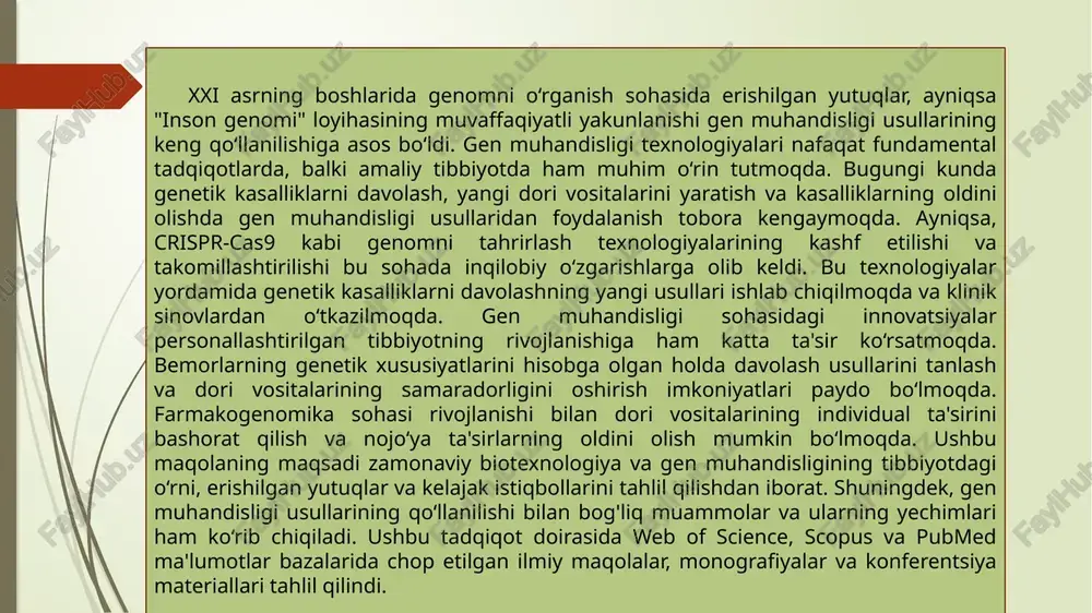 ularning kasallik bilan bog‘liqligi o‘rganiladi. bu esa kasalliklarni erta bosqichda aniqlash va davolashni samarali tashkil etishga yordam beradi. genom tadqiqotlari molekulyar diagnostikaning asosiy vositasi sifatida kasalliklarning genetik sabablarini aniqlashda muhim ahamiyatga ega. masalan, saraton kasalligini erta bosqichda aniqlash uchun genomik tahlillar orqali o‘simta hujayralarining genetik xususiyatlari o‘rganiladi. molekulyar diagnostika an’anaviy diagnostika usullariga nisbatan bir qator afzalliklarga ega: 1. aniqlik: genetik tahlillar kasalliklarni aniq va erta bosqichda aniqlash imkonini beradi 3. individual yondashuv: genomik tahlillar orqali bemorga moslashtirilgan davolash usullari ishlab chiqiladi. 2. tezkorlik: molekulyar diagnostika usullari tezkor natijalarni taqdim etadi, bu esa davolashni tezda boshlashga yordam beradi. molekulyar diagnostika kasalliklarni aniqlashda genetik mutatsiyalar, biokimyoviy markerlar va boshqa molekulyar darajadagi o‘zgarishlarni tahlil qilish imkonini beradi. ushbu usul saraton, irsiy kasalliklar, yuqumli kasalliklar va yurak-qon tomir kasalliklarini tashxislashda keng qo‘llaniladi. masalan, dnk sekvenslash texnologiyalari orqali genetik mutatsiyalar aniqlanib, ularning kasallik bilan bog‘liqligi o‘rganiladi. bu esa kasalliklarni erta bosqichda aniqlash va davolashni samarali …