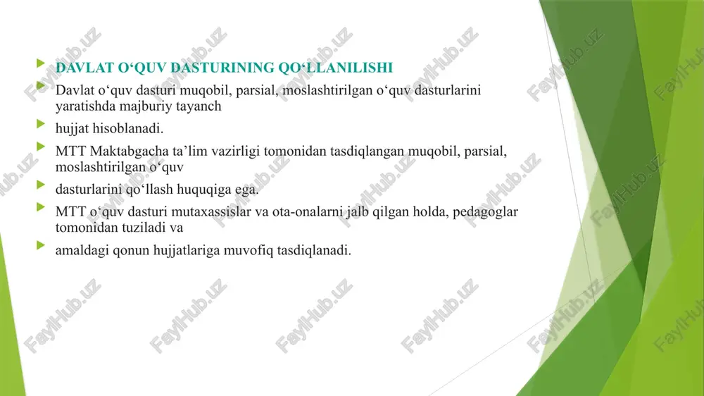 ’lim olishini, uning tasvirlash, tushuntirish, asoslashi, tegishli tilni qo‘llash qobiliyatini, shuningdek, ijobiy xulq-atvor ko‘nikmalarini shakllantirishga ko‘maklashadi; bolalarga o‘zlarini va qobiliyatlarini namoyish qilish imkoniyatini berish. pedagog rejalashtirishda bolaning o‘z g‘oyasi asosida yoki uning tashabbusi bilan o‘ynash uchun yetarli vaqt ajratadi, bunda bolalar shoshmasdan va kattalar tomonidan to‘xtatilishidan qo‘rqmasdan o‘ynashlari mumkin. bolalarga erkin o‘yin uchun vaqt va kattalarning faol aralashuvisiz o‘zlarini va qobiliyatlarini ifoda etish imkoniyati beriladi. mavzuli reja yozma shaklda bo‘lishi kerak. yillik mavzuli reja yillik mavzuli rejada oy mavzulari, har bir yosh yoki yosh guruhi uchun hafta mavzulari aks ettirilgan. mtt mintaqaning xususiyatlari va boshqa jihatlarni hisobga olgan holda o‘z yillik mavzuli rejasini ishlab chiqish huquqiga ega. maktabgacha ta’lim tashkilotining yillik mavzuli rejasini ishlab chiqishda o‘zbekiston respublikasi maktabgacha ta’lim vazirligi tomonidan ishlab chiqilgan “maktabgacha ta’lim tashkilotlarida ta’lim jarayonini mavzuli rejalashtirish” (2018) tavsiyalariga tayanish tavsiya etiladi. maktabgacha ta’lim tashkilotining yillik mavzuli rejasi 11 maktabgacha ta’lim tashkilotining pedagogik kengashi tomonidan tasdiqlanadi. haftalik …