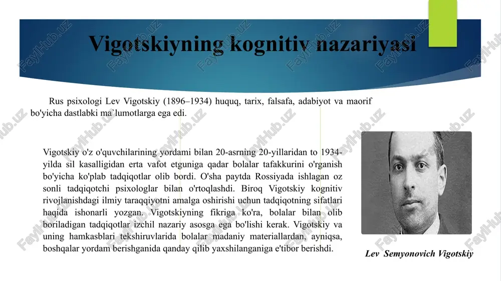 uchun manba bo`lib kelgan. bunday zaif tomonlarga qaramay, ko'plab zamonaviy nazariyotchilar va amaliyotchilar vigotskiyning nazariyasini nihoyatda chuqur angladilar. kattalar faoliyatida ishtirok etish deyarli barcha madaniyatlar bolalarni kattalarga jalb qilishga imkon beradi. bolalar kattalar ta`sirida asta-sekinlik bilan ularning faoliyatida faol ishtirok eta boshlaydilar. aksariyat hollarda bolalarning kattalar faoliyatiga erta jalb qilinishi ba'zan boshqariladigan ishtirok deb ataladigan narsalar orqali boshqariladi va nazorat qilinadi. shogirdlik – ma'lum bir sohada murakkab vazifalarni qanday bajarishni o'rganish uchun mutaxassis bilan intensiv ravishda ishlaydigan talaba. kognitiv shogirdlik – mutaxassis va yangi boshlovchi birgalikda qiyin vazifani bajarishda mutaxassis shogirdga vazifa haqida o'ylash usullarini taklif qiladigan vaziyat. bolalarga o'ynash imkoniyatini bering. ko'plab taraqqiyot nazariyotchilari o'yinlarni bolalarning kunlik jadvaliga, ayniqsa, maktabgacha va boshlang'ich yoshlarida kiritishni yoqlaydilar. bolalar o'yinlarini targ'ib qilish bo'yicha bir nechta takliflar: • sinf xonasini bolalarga ko'p imkoniyatlar beradigan kichik maydonlarga bo'ling (masalan, bloklar uchun burchak, "uy saqlash" maydoni, badiiy stol). • haqiqiy o'yinchoqlar (masalan, qo'g'irchoqlar, kiyinish kiyimlari, …