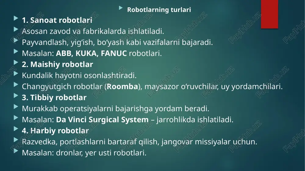 tlar oddiy loyihalardan boshlash: masalan, chiziq bo‘ylab harakatlanadigan robot yaratish. loyihaviy ishlash: o‘quvchilar mustaqil yoki guruhda murakkab muammolarni hal qiladigan robotlarni loyihalashadi va dasturlashadi. muammolarni tahlil qilish va yechimlarni izlash: xatoliklarni aniqlash va ularni bartaraf etish ko‘nikmalari rivojlantiriladi. baholash va tahlil har bir loyiha uchun aniq baholash mezonlari ishlab chiqiladi (funktsionallik, dizayn, innovatsionlik). yakuniy taqdimotlar: o‘quvchilar o‘z loyihalarini taqdim etishadi va savol-javoblar orqali natijalarni baham ko‘radilar. refleksiya: dars yakunida o‘quvchilarning fikrlari tinglanadi, qiyinchiliklar va yutuqlar tahlil qilinadi. metodik tavsiyalar darslarni interaktiv va qiziqarli shaklda tashkil etish: gamifikatsiya (o‘yin elementlarini qo‘llash) usullaridan foydalanish. individual yondashuv: har bir o‘quvchining qiziqishi va qobiliyatini hisobga olish. o‘quvchilarni mustaqil fikrlashga va eksperimentlarga rag‘batlantirish. zamonaviy o‘quv platformalaridan (masalan, tinkercad, vexcode) foydalanish. turnirlar va musobaqalar tashkil etish orqali motivatsiyani oshirish. e’tiboringiz uchun raxmat! image2.png image3.png image4.png image5.png /docprops/thumbnail.jpeg