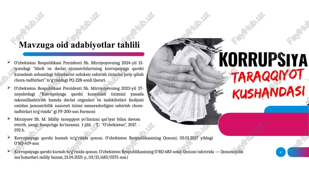 ing huquqiy madaniyatni yuksaltirish zarur. huquqiy taʼlim uzluksiz bo‘lib, yoshlikdan boshlab berib borilishi lozim. bolalar maktabgacha tarbiya muassasalaridayoq xulq-atvor qoidalaridan xabardor bo‘lishi, maʼnaviy va baʼzi huquqiy normalar to‘g‘risida boshlang‘ich tushunchalar olishi, kelgusida o‘qishi davomida bu bilimlar kengaytirilishi va chuqurlashtirilishi, aniq ifodalangan huquqiy xususiyat kasb etishi zarur. xulosa maktablarni shaffof moliyalashtirish tizimini joriy etish: byudjet mablag‘larining sarflanishi to‘g‘risidagi ma’lumotlarning ochiqligi korrupsion sxemalar ehtimolini kamaytiradi. korrupsiyaga qarshi ta’limni rivojlantirish: maktab o‘quv dasturiga korrupsiyaga qarshi tizimli ta’limni joriy etish zarur, bu esa o‘quvchilarda korrupsiyaga nisbatan murosasizlikni shakllantirishga xizmat qiladi. odob-axloq dasturlarini amalga oshirish: o‘qituvchilar, maktab rahbarlari va o‘quvchilari uchun korrupsiyaga nisbatan murosasizlik madaniyatini shakllantirishga xizmat qiladigan axloq va odob-axloq dasturlarini joriy etiladi. takliflar maktablarni rivojlantirish uchun byudjet mablagʻlarining sarflanishi ustidan qatʼiy nazorat tizimi bilan ijtimoiy grantlar berish yoʻli bilan davlat tomonidan moliyalashtirishga e’tibor qaratish lozim. maktab oʻquv dasturiga korrupsiyaga qarshi taʼlim bo‘yicha maxsus kurslarni kiritish. korrupsiyaga qarshi kurash mavzularida o'qituvchilar uchun maxsus o'quv …