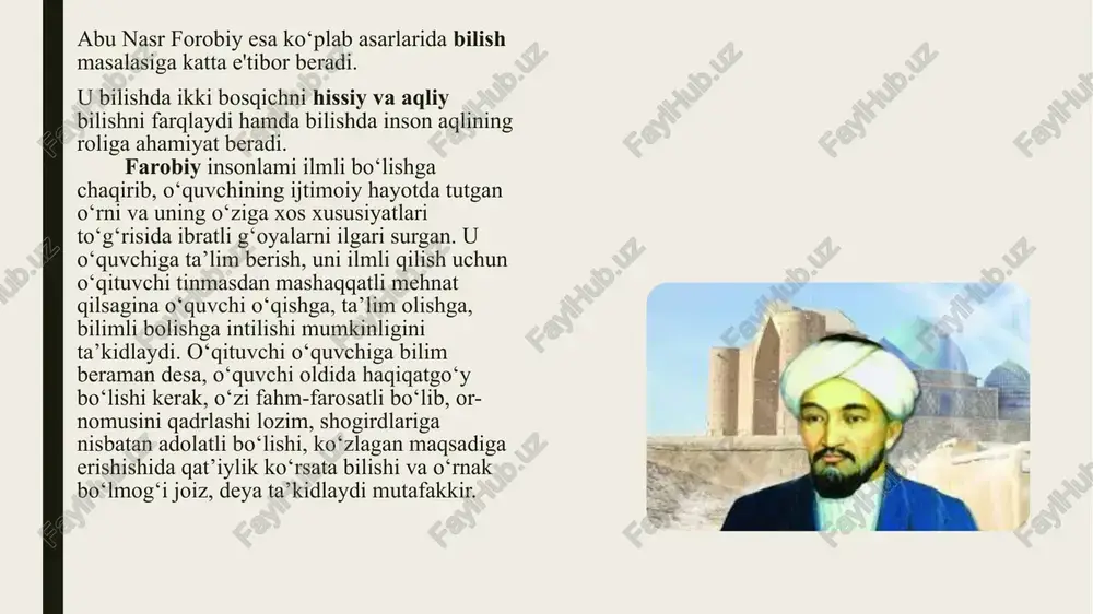 h kabi narsa-hodisalarga qiyoslaydi. bilim va bilimdonlikni his eta olmoq, uni tushunmoq darkorligi, bilimdon bo‘lishning tarbiya bilan chambarchas bog‘liqligi, bola qanchalik erta tarbiya qilinsa, bilim olishga ishtiyoqi ortishi haqida yozadi. o‘quvchining psixologik xususiyatlari va shaxsiy fazilatlariga oid mulohazalar qomusiy olim umar xayyom asarlarida chuqur yoritib berilgan. umar xayyomning fikricha, o‘quvchilar o‘qituvchidan olgan bilimlari bilan cheklanib qolmasdan, hayotda bo‘layotgan voqea-hodisalarni o‘rganish va kuzatish, amaliyot davomida bilim, malaka hamda ko‘nikmalarini har xil usullarda ko‘p martalab takrorlab borish jarayonida egallaydilar, ya’ni inson ta’limdagi predmet bilan hayot uzviy aloqadorligi prinsipini ilgari suradi. uning fíkricha, bilim olishni, ta’limni amalyotning uzviy ravishda bog‘lagan holda o‘quvchilarda mustaqil tafakkurni shakllantirib borish zarur. image1.jpeg image2.jpeg image3.jpeg image4.png image5.jpeg image6.jpeg image7.jpeg image8.jpeg image9.jpeg image10.jpeg /docprops/thumbnail.jpeg