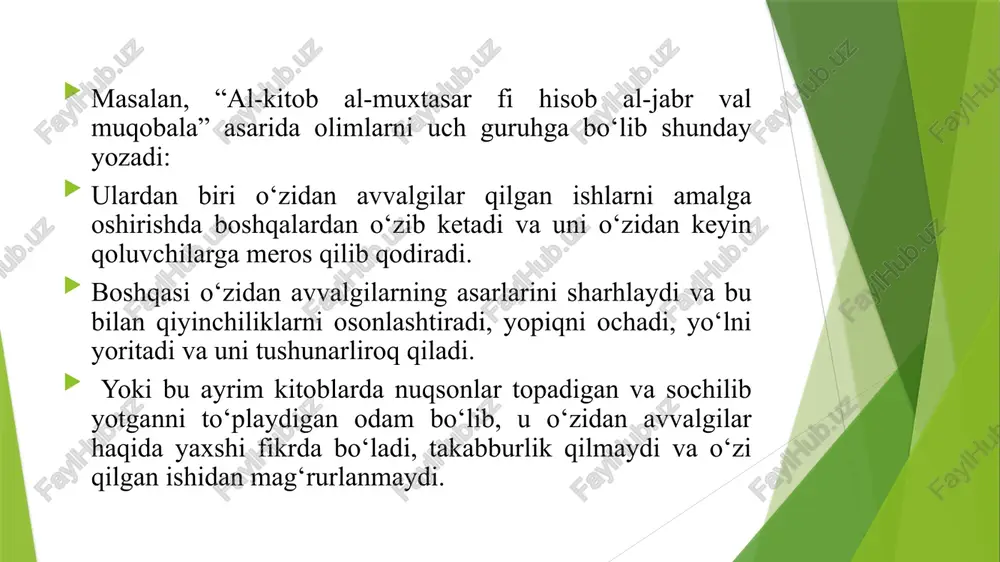 ib oladi va hayotda to‘g‘ri yo‘l tutadi, boshqalar bilan to‘g‘ri munosabatda bo‘ladi, jamiyat tartib qoidalariga rioya etadi. forobiyning pedagogik qarashlari quyidagilar: forobiy birinchi bo’lib ta’lim va tarbiyaga ta’rif bergan olimdir: ta’lim – so’z va o’rganish bilangina amalga oshiriladi. tarbiya – esa amaliyot, ish-tajriba bilan amalga oshiriladi. ta’lim-tarbiya ikki yo’l bilan amalga oshiriladi: qanoatbaxsh, ilxomlantiruvchi so’zlar va majbur etish. har kimki ilm, hikmatni desa, uni yoshligidan boshlasin, so’zining ustidan chiqsin, yomon ishlardan saqlanadigan bo’lsin, hiyonat, makr va hiylalardan uzoq bo’lsin, diyonatli bo’lsin, ilm va ahli ilmdan mol-dunyosini ayamasin. 4. inson yaxshi tarbiya ko’rmagan va turmushda yaxshi tajriba orttirmagan bo’lsa, u ko’p narsalarni nazarga ilmay va ulardan jirkanadi. bunday narsalar unga noo’rin bo’lib ko’ringan narsalar zaruriy bo’lib chiqadi. abu rayhon beruniyning ilmiy-pedagogik qarashlari beruniy barcha illatlarning asosiy sababi ilmsizlikda deb biladi. ilmlarni egallashda esa shaxsda intilish va qiziqish, muhitni alohida ta’kidlaydi. bilim olishda tushunib o‘rganish, ilmiy tadqiqotchining poklikka rioya etishiga alohida e’tibor …