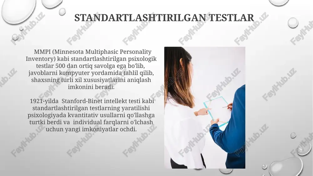 iy masalalar aksiologiya masalalari bo'yicha psixologik testlarning 30% dan ortig'i aqsh va yevropa mamlakatlarida ishlab chiqilgan bo'lib, madaniy farqlarni hisobga olish muhim ahamiyatga ega. shaxsning axloqiy qarashlarini o'lchashda 5 ta asosiy o'lchovdan foydalaniladi va ularning har biri kamida 10 ta savoldan iborat bo'lishi mumkin. masalan, halollik, adolatlilik va mas'uliyatlilik kabi xususiyatlar o'rganiladi. klinik intervyu klinik intervyu davomida 5 dan ortiq turli savollar va psixometrik shkalalar qoʻllaniladi, bemorning his-tuygʻulari, fikrlari va xatti-harakatlarini batafsil tahlil qilishga imkon beradi, natijada aniq diagnostika qoʻyishga yordam beradi. klinik intervyu, psixologik baholashning muhim usuli boʻlib, bemor bilan 30-60 minut davom etadigan chuqur suhbatni oʻz ichiga oladi va psixiatrik kasalliklarni aniqlashda, masalan, aqshning dsm-5 diagnostik mezonlariga asoslanadi. turli yoshdagi odamlar uchun testlar 16-pf (16 personality factors) testi 16 ta shaxsiyat xususiyatini o'lchaydi va o'smirlar (16 yoshdan yuqori) va kattalar uchun moslashtirilgan, moskva va sankt-peterburgdagi klinikalarda keng qo'llaniladi va 187 ta savoldan iborat. yoshga bog'liq shaxsiyat testlarining ishonchliligi …