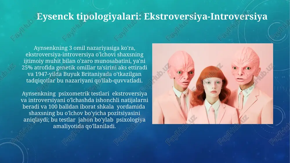 tobida batafsil bayon etilgan. kirish psixotiplarni o'rganish bo'yicha ilk ishlar 1920-yillarda shveytsariyada karl yung tomonidan boshlangan bo'lib, uning 8 ta asosiy psixotip nazariyasi keyingi tadqiqotlarga asos bo'lgan. gans ayzenkning 2 omilli modeli (ekstraversiya/introversiya va nevrotizm) 1940-yillarda buyuk britaniyada yaratilgan bo'lib, oddiyligi va amaliyligi bilan psixologiyada keng tarqalgan. amaliy qo'llanmalar big five modeli (ochiqlik, vijdonlilik, ekstraversiya, yoqimli va neyrotizm) 5 ta omilni o'z ichiga oladi va 300 dan ortiq tadqiqotlarda dunyoning turli burchaklarida, jumladan, avstraliya va yaponiyada, ta'lim sohasida qo'llaniladi. shaxsiyatning jung tipologiyasi asosida 16 ta shaxsiyat turi aniqlangan boʻlib, bu 1921 yilda shveysariya psixologiyasida keng qoʻllanila boshlandi va hozirgi kunda biznes va karyera maslahat berishda faol ishlatilmoqda. big five: vijdonlilik besh omil modeli bo'yicha tadqiqotlar shuni ko'rsatadiki, o'zbekiston aholisining 20% dan ortig'i yuqori darajada vijdonlilikka ega bo'lib, bu ko'rsatkich g'arbiy yevropa mamlakatlariga nisbatan ancha yuqori. vijdonlilik xususiyati, masalan, ish samaradorligi va akademik muvaffaqiyat kabi mezonlar bilan 0,6 dan yuqori korrelyatsiyaga …