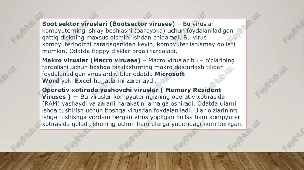 m shtammlarga ega. hozirgi vaqtda ushbu viruslarni quyidagi guruhlarga ajratish mumkin: - italiya guruhi. "bxl-1s-a" deb nomlanuvchi uning birinchi vakili 1987 yilning oxirida paydo bo'ldi; - pokiston guruhi. bu guruhga vgat 86 va brain 88 viruslari kiradi. birinchi vakili vgat 86 pokistonning lahor shaxrida 1986 yil topilgan. antivirus nima qiladi va antivirus nima antivirus avtomobil sug’urtasiga o’xshaydi. ehtimol, agar men xavfsiz haydasam, xavfsiz joyda yashasam, garajim bo’lsa, nega ko’p pul sarflash kerak degan fikr tug’iladi. bu to’g’ri bo’lishi mumkin, ammo biz hech qachon biror narsa sodir bo’lmasligiga kafolat bera olmaymiz. tahdidli kompyuterlar bo’lsa, bizda ko’proq narsa bor. siz har doim faqat bitta antivirus dasturidan foydalanishingiz kerak. https://uzsoft.uz antivirusini hamyonbop narxda shu yerda yoki boshqa joyda xarid qilishingiz mumkin, chunki yaxshi antiviruslar faqat pullik dastur hisoblanadi. smartfonga antivirus kerak emas deyish xato. viruslar nafaqat kompyuterlarga ta’sir qiladi. android tizimiga qaratilgan infektsiyalar soni har kuni bir necha dan o’n minglabgacha. portativ qurilmalar …