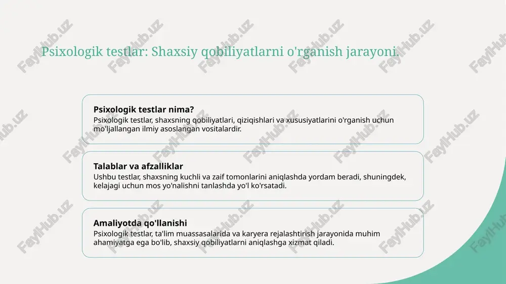 rdan foydalanish orqali shaxsiy qobiliyatlarni aniqlashni osonlashtiradi. 2 psixologik testlarning ahamiyati - psixologik testlar shaxsiy qobiliyatlarni o'rganish uchun muhim vositalardir, ular shaxsning kuchli va zaif tomonlarini aniqlashda yordam beradi va kelajakdagi yo'nalishni ko'rsatadi. 3 ta'lim tizimidagi innovatsiyalar - o'zbekistondagi ta'lim tizimi innovatsion yondashuvlar bilan qobiliyatlarni baholash jarayonini yanada samarali qiladi, bu esa shaxsiy ehtiyojlarga mos yechimlarni taqdim etadi. foydalanilgan adabiyotlar 1. murodov, a. talantlarni aniqlash: nazariya va amaliyot. o'zbekiston milliy universiteti, 2021 2. qodirov, j. qobiliyatlarni baholash texnikalari. o'zbekiston ta'lim vazirligi, 2022 3. sodiqov, r. ta'lim va madaniyat konteksti: shaxsning rivojlanishi. o'zbekiston respublikasi fanlar akademiyasi, 2020 4. karimov, d. shaxsiy qobiliyatlar va talantlarni aniqlash usullari. o'zbekiston pedagogika jurnali, 2023 5. ismoilov, b. ta'limda individual yondashuv: qobiliyatlarni aniqlash va rivojlantirish. ta'lim va innovatsiyalar, 2022 e'tiboringiz uchun rahmat! /docprops/thumbnail.jpeg