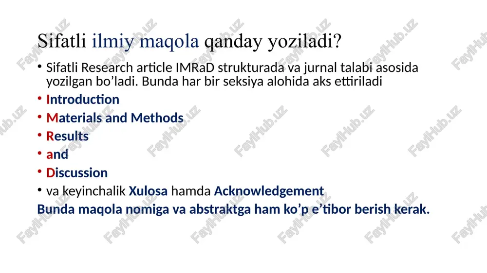 s ettirilmaydi: juda ham keng ma’nodagi umumiy ma’lumot (“oqsillar biologik faol birikmalardir”) ortiqcha iboralar, ortiqcha sifat va ravishlar va takroriy ma'lumotlar, boshqa adabiyotlarga ishora qilish (“oldingi tadqiqotlar shuni ko'rsatadiki ...“ yoki "tadqiqotlar shuni ko'rsatadiki ...“ ko’rinishidagi), tugallanmagan jumlalar, jargon yoki o'quvchini chalg’ituvchi iboralar, boshqa ishlarga havolalar (smith et al. 2010 kabi) abstraktlarda jadval yoki rasmlardan foydalansa bo’ladimi? har qanday jurnal abstraktlarda jadval ma’lumotlarini aks ettirmaydi. odatda rasm ko’rinishidagi ma’lumotlar abstraktlarda aks ettirilmaydi. ba’zi jurnallar so’nggi yillarda o’quvchilarni qiziqtirish uchun alohida, abstract uchun maxsus bo’lgan ishning asosiy mohiyatini yoki ilmiy yangiligini aks ettiruvchi rasm ma’lumotlarini talab qilmoqda. abstraktlar barcha jurnallarda bir xil ko’rinishda bo’ladimi? yo’q. har bir jurnal butun maqolaga bo’lgani kabi abstraktga ham o’zining talablarini ishlab chiqqan. odatda bu instruction for authors nomi bilan alohida seksiya sifatida beriladi. ba’zi jurnallarda abstrakt qismi background: materials and methods: results: conclusion: kabi bandlardan iborat bo’lishi ham mumkin introduction. kirish standart ritorika bo’yicha ilmiy …