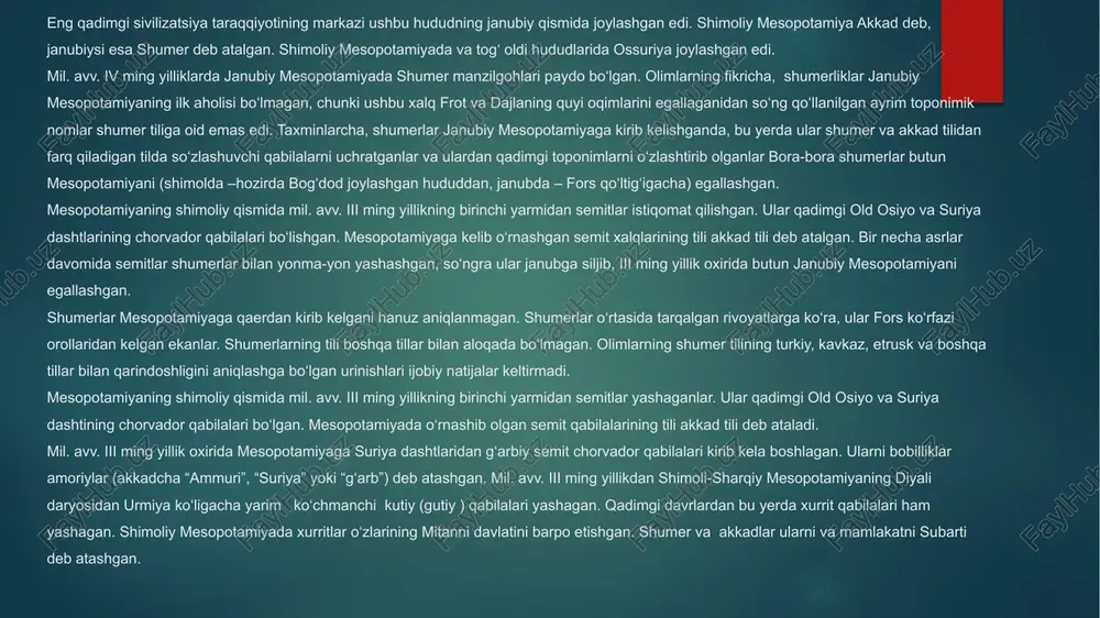 davrida mamlakatda iqtisodiyot, pul-tovar munosabatlari, sun'iy sug‘orishga asoslangan dehqonchilik rivojlandi. akkad podsholigining qudratiga mesopotamiyaga zagros tog‘laridan bostirib kirgan tog‘li qabilalardan bo‘lgan kutiylar chek qo‘yganlar. lagash hokimlari kutiylar yordamiga tayanib boshqa shaharlar ustidan ma'lum darajada hukmronlik qildilar. kutiylar mesopotamiyada yuz yilga yaqin hukmronlik qilganlar. mil. avv. 2109 yili kutiylar ur podshosi utuxengal tomonidan tor-mor qilinadi va iii ur sulolasi hukmronligi boshlanadi. shumer-akkad podsholigining davlat boshqaruvi iii sulola davrida qadimgi sharq podsho hokimiyatining tugallangan shakli edi. bobilning gullab-yashnashi 1-bobil sulolasining oltinchi podshosi hammurapi (mil. avv. 1792-1750 yillar) davriga to‘g‘ri keladi. hammurapining hukmronligi davomida bobil kichik shahardan butun mesopotamiyani birlashtirgan yangi qudratli davlatning poytaxti, old osiyoning yirik siyosiy-iqtisodiy va madaniy markaziga aylanadi. mil. avv. 1742 yilda mesopotamiyaga shimoli-sharqdan bu yerda avval noma'lum bo‘lgan “kass” etnomidagi (akkadcha kassu, zamonaviy fanda kassitlar, o‘zlarini kaspe-kaspiy deb atagan) hind-yevropa qabilalari bostirib kiradilar. elam janubda shumer shaharlariga bostirib kiradi. mil. avv. 1595 yildan bobilda kassit sulolasining hukmronligi boshlanib, …