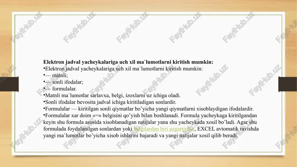 an tanishish uzoq davom etishi mumkin, binobarin, aynan ish jarayonida uning yangi-yangi imkoniyatlarini koʻrish mumkin. 1993-yilda ilk marotaba microsoft officeʼga birlashtirilish munosabati bilan microsoft word va microsoft powerpoint excelʼga monand grafik interfeysga ega boʻlishdi. 1993-yildan boshlab excel tarkibiga visula basic'ga asoslangan excel masalalarini avtomatlashtirish imkonini beruvchi dasturlar uchun visual basic dasturlash tili kiritiladi. vba foydalanuvchi bilan aloqa qilish formalarini yaratishga imkon beradi. bu til dll (ing. dynamic link library-dinamik kutubxona)ni qoʻllashi (yaratishi emas) mumkin. vbaning funksionalligi excelni makroviruslar uchun oson nishonga aylantirdi. bu antivirus mahsulotlari ularni topishni oʻrganmagunlarigacha katta muammo boʻlib qoldi. shu sababli microsoft quyidagi himoya turlarini tanlash imkonini oʻz dasturiga qoʻshdi: makroslarni toʻliq oʻchirish; hujjat ochilishi bilan makroslarni yoqish; sertifikatga ega makroslarga ishonish. excelning 5.0 dan 9.0 gacha versiyalari oʻzida turli „yashirin sir“larni saqlaydi, ammo 10-chi versiyadan soʻng microsoft ularni yoʻq qilish chora-tadbirlarini qoʻllay boshladi . sozdat – yangi excel fayli ochiladi, otkrit – saqlangan faylni ochish, soxranit …