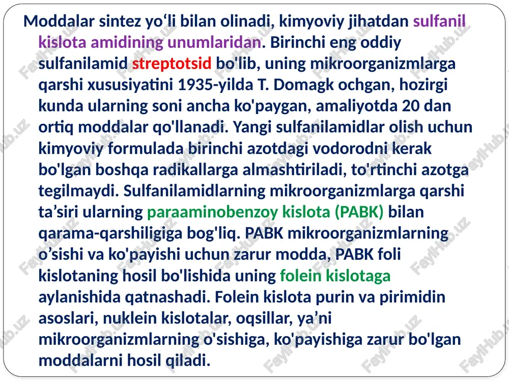 dlarning mikroorganizmlarga, yallig'lanishga qarshi xususiyatlarini oshirish uchun ular boshqa moddalar bilan qo'shilgan holda chiqariladi: salazosulfapiridazin, salazosulfadimetoksin, baktrim (biseptol), sulfaton. moddalar mikroorganizmlarga qarshi kuchli ta’sir etadi va ta’sir doirasi kengayadi. masalan, bolalar va kattalarda ko'p qo'llanadigan baktrim ikkita moddadan sulfanilamidsulfametoksazol hamda trimetoprimdan, ya’ni ikkita bakteriostatik xususiyatga ega moddalardan iborat bo'lib, bakteritsid ta’sir ko'rsatadi. sulfametoksazol digidrofoli kislotaning hosil bo'lishiga to'sqinlik qiladi, trimetoprim digidrofoli kislotaning mikroorganizmlar rivojlanishiga zarur bo'lgan tetragidrofoli kislotaga aylanishini falajlaydi. salazosulfapiridazin, salazosulfadimetoksin ichakda sulfapiridazin, sulfadimetoksin, 5-aminosalitsil kislotaga parchalanadi va ichakni shilliq qavati ostidagi mikroorganizmlarga hamda yallig'lanishga qarshi ta’sir etadi. salazobirikmalar asosan ichak infeksiyasida, nospetsifik yarali kolitda qo'llanadi. kimyoviy tuzilishi turlicha mikroorganizmlarga qarshi qo‘llaniladigan sintetik moddalar bularga nitrofuran, 8-oksixinolin, xinolon unumlari kiradi, moddalar asosan me’da-ichak va siydik yo'llarining yuqumli kasalliklarida qo'llanadi. nitrofuran unumlari - furatsilin, furazolidon, furadonin,furagin. nitrofuranlar grammusbat, grammanfiy mikroorganizmlarga, yirik viruslar, trixomonadalar, lyambliyalarga qarshi ta’sir ko'rsatadi, mikroorganizmlarning nuklein kislotalarini bog'lab, ularning tuzilishini o'zgartiradi, membranalarning oqsillariga kerakli fermentlarning faolligini kamaytiradi, …