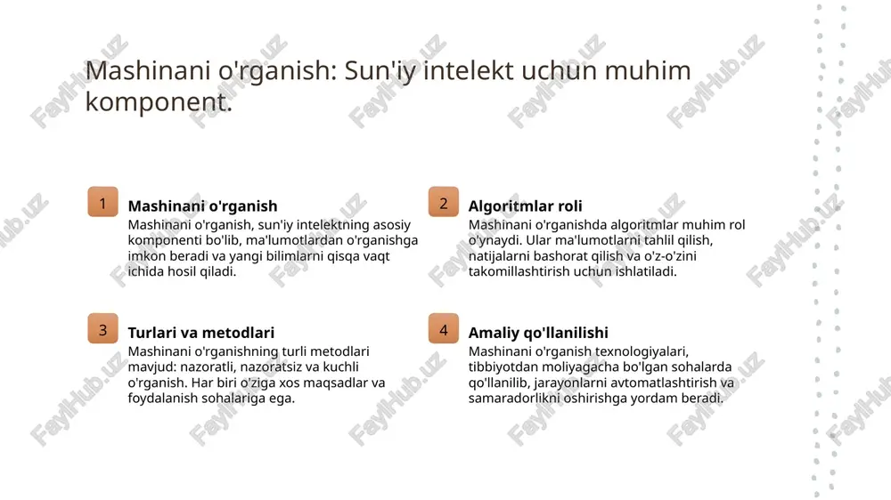 o'zbekistonda sun'iy intelekt etikasi bo'yicha ommaviy xabardorlikni oshirish zarur. ta'lim va tashabbuslar orqali jamoatchilikni xabardor qilish muhimdir. xulosa sun'iy intelektning ahamiyati o'zbekistonda rivojlanish etika va xavfsizlik masalalari sun'iy intelekt zamonaviy texnologiyalarni rivojlantirishda muhim rol o'ynaydi. bu, iqtisodiy o'sish va ijtimoiy taraqqiyotga katta ta'sir ko'rsatadi. o'zbekistonda sun'iy intelekt dasturlari tibbiyot, moliya va ta'lim sohalarida samarali ishlatilmoqda. bu, innovatsion yechimlar va yangi imkoniyatlarni yaratadi. sun'iy intelekt sohasida etika muammolari va ma'lumotlar maxfiyligi masalalari dolzarbligini saqlab qoladi. bu, qonunchilik va boshqaruvni kuchaytirishni talab etadi. foydalanilgan adabiyotlar 1. sadykov, s. a. sun'iy intelekt tamoyillari va ularning amaliyoti. tashkent: o'zbekiston respublikasi fanlar akademiyasi, 2022. 2. jumaniyazov, a. sun'iy intelekt va uning dasturlari. tashkent: o'zbekiston respublikasi axborot texnologiyalari va kommunikatsiyalarini rivojlantirish vazirligi, 2023. 3. mahmudov, a. o'zbekistonda sun'iy intelektning roli va rivojlanishi. tashkent: o'zbekiston milliy universiteti, 2021. 4. isakov, m. sun'iy intelekt va uning tarixi. o'zbekiston fanlar akademiyasi, 2020. 5. karimov, d. sun'iy intelekt: zamonaviy dasturlar …