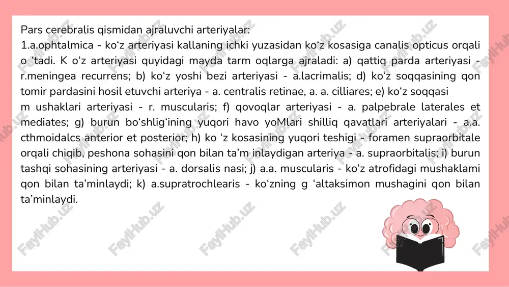 yo‘naluvchi shoxlar; m) r.r. corporis amygdaloidei - bodomsimon o ‘zakka yo‘naluvchi shoxlar; n) r.r. nucleorum thalam i - ko‘ruv bo‘rtig‘ining o ‘zaklariga yo‘naluvchi shoxlar; o) r.r. substantiae nigrae - qoramtir moddaga yo‘naluvchi shoxlar; p) r.r. nuclei rubri - qizil o ‘zakka yo‘naluvchi shoxlar; q) r.r. cruris cerebri - bosh miya oyoqchasiga yo‘naluvchi shoxlar. bosh miyani qon bilan ta’minlashda o ‘mrov osti arteriyasi - a. subclavia ning umurtqa tarmog‘i - a. vertebralis ham qatnashadi. bu arteriya bo‘yin umurtqalarining ko‘ndalang o‘simtasidagi teshiklar - foram en processus transversus orqali yo‘nalib, bosh miya asosiga ensa suyagining foramen magnum teshigi orqali o ‘tadi. a. vertebralis kalla bo‘shlig‘ining ichida, voroliy ko‘prigining oldingi yuzasida o ‘zaro qo‘shilib, asosiy arteriya - a. basilaris ni hosil qiladi. 0 ‘z navbatida, a. basilaris bosh miyaning orqadagi ikkita arteriyasi - a. cerebri posteriores ga bominadi. bu arteriyalar ichki uyqu arteriyasining orqa biriktiruvchi arteriyasi - a. communicantes posterior bilan birikadi. bosh miyaning …
