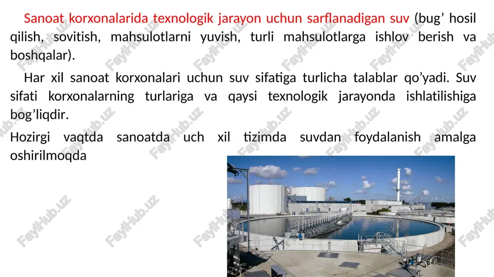 hiqish xavfliligi va uni ahamiyatliligiga qarab belgilanadi. yong’inni o’chirish uchun sarflanadigan suv mehyorlari kmk-2 04.02.97 da berilgan. sanoat korxonalari yong’inni o’chirish uchun suv sarfini sanoat korxonasining turiga va sanoat binolarining yong’inga bardoshlilik darajasiga ko’ra aniqlanadi. sanoat korxonalari binolarining eni 60 m gacha, fonarlari va fonarsiz bo’lganda quyidagi jadval qiymatidan foydalanish mumkin. binolarning yong’in ga bardosh lilik darajasi yong’in xavfsizli gi bo’yicha korxona turlari binolarning hajmi ming/m3 bo’lganda bir yong’inga sarflanadigan suv sarfi, l/k-k 3 gacha 3-5 5– 20 20- 50 50-200 200- 400 400 - 600 i va ii g, d, ye 10 10 10 10 15 20 25 i va ii a, b, v 10 10 12 20 30 35 40 iii g, d 10 10 15 25 35 iii v 10 15 20 30 40 iv va v g, d 10 15 20 30 iv va v b 15 20 25 40 suv turlari tabiatda biz turli xil …
