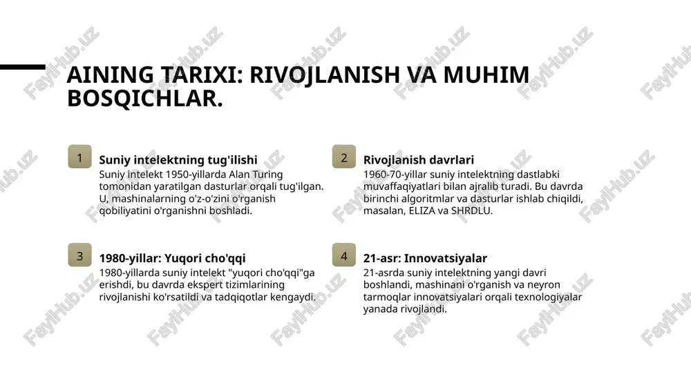 ohalarida xizmatlar sifatini oshirib, aholi farovonligini yaxshilaydi. 3 innovatsion imkoniyatlar - o'zbekistonda suniy intelekt innovatsion g'oyalarni rivojlantirishga yordam beradi. startaplar va tadbirkorlik faoliyatlari uchun yangi imkoniyatlar yaratadi, iqtisodiyotni diversifikatsiyalashga xizmat qiladi. xulosa 1 suniy intelekt va uning roli suniy intelekt zamonaviy hayotimizda muhim o'rin tutadi. u innovatsiyalar va samaradorlikni oshirishda, turli sohalarda imkoniyatlar yaratadi. 2 o'zbekistonda suniy intelekt o'zbekistonda suniy intelekt sohasida rivojlanish kuzatilmoqda. ta'lim va tadqiqotlar, ishlab chiqarish va xizmat ko'rsatish sohalarida muhim o'zgarishlar yuz bermoqda. 3 kelajak istiqbollari haqida suniy intelekt kelajakda yangi imkoniyatlar yaratadi. innovatsion texnologiyalar iqtisodiy o'sish va ijtimoiy farovonlikni yanada oshirishga yordam beradi. foydalanilgan adabiyotlar 1. abdullayev, m. suniy intelekt va uning asoslari. toshkent davlat universiteti, 2021 2. jumayev, s. mashinani o'rganish: nazariyasi va amaliyoti. o'zbekiston fanlar akademiyasi, 2022 3. qodirov, b. o'zbekistonda suniy intelekt ilovalari. o'zbekiston milliy universiteti, 2023 4. isroilov, d. algoritmlar va suniy intelekt. tashkent it universiteti, 2020 5. toshpulatov, a. suniy …