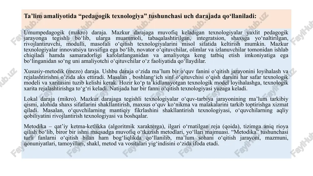 lmoqda. shunga ko‘ra interfaol metodlar xxi asr ta’limida o‘qitish sifatini yaxshilash, samaradorligini ta’minlashning muhim vositalaridan biri sanaladi. ta’lim tizimida interfaol metodlar ilk bor xx asrning 20-yillarida qo‘llanilgan.v.a.suxomlinskiy tomonidan o‘tgan asrning 60-yillarida yaratilgan ilmiy ishlarda ta’lim tizimida interfaol metodlarni tatbiq etish tajribasini uchratish mumkin. xx asrning 70-80-yillarida esa rossiyada sh.a.amonashivili, v.f.shatalova va boshqalar tomonidan ta’lim sifatini yaxshilash, samaradorligini oshirish, ta’lim oluvchilarda o‘qitishga bo‘lgan qiziqishni kuchaytirish yo‘llarini toppish yo‘lida olib borilgan ilmiy izlanishlarda ham interfaol metodlarning amaliy ahamiyati, ularni samarali, qo‘llash shartlari to‘g‘risida so‘z yuritilgan. interfaol metodlar tavsifida o‘quvch (talaba)larning birgalikda o‘zaro hamkorlikda yuqori darajada ta’lim olishlarini ta’minlashga yo‘naltirilganlik, ular o‘rtasida hissiy, ruhiy va axloqiy birlikni qaror toptirish g‘oyalari yetakchi o‘rin tutadi. shu sababli uzliksiz ta’limning barcha bosqichlarida faoliyat yuritayotgan va kasbiy faoliyatni tashkil etishga tayyorlanayotgan bo‘lajak o‘qituvchilarni interfaol metodlar, ularning mohiyati, amaliy qiymati, o‘qituvchi va o‘quvchi uchun ahamiyatidan xabardor bo‘lishlari, ularni amaliy faoliyatda samarali qo‘llash ko‘nikma, malakalariga ega bo‘lish o‘quv mashg‘ulotlarining …